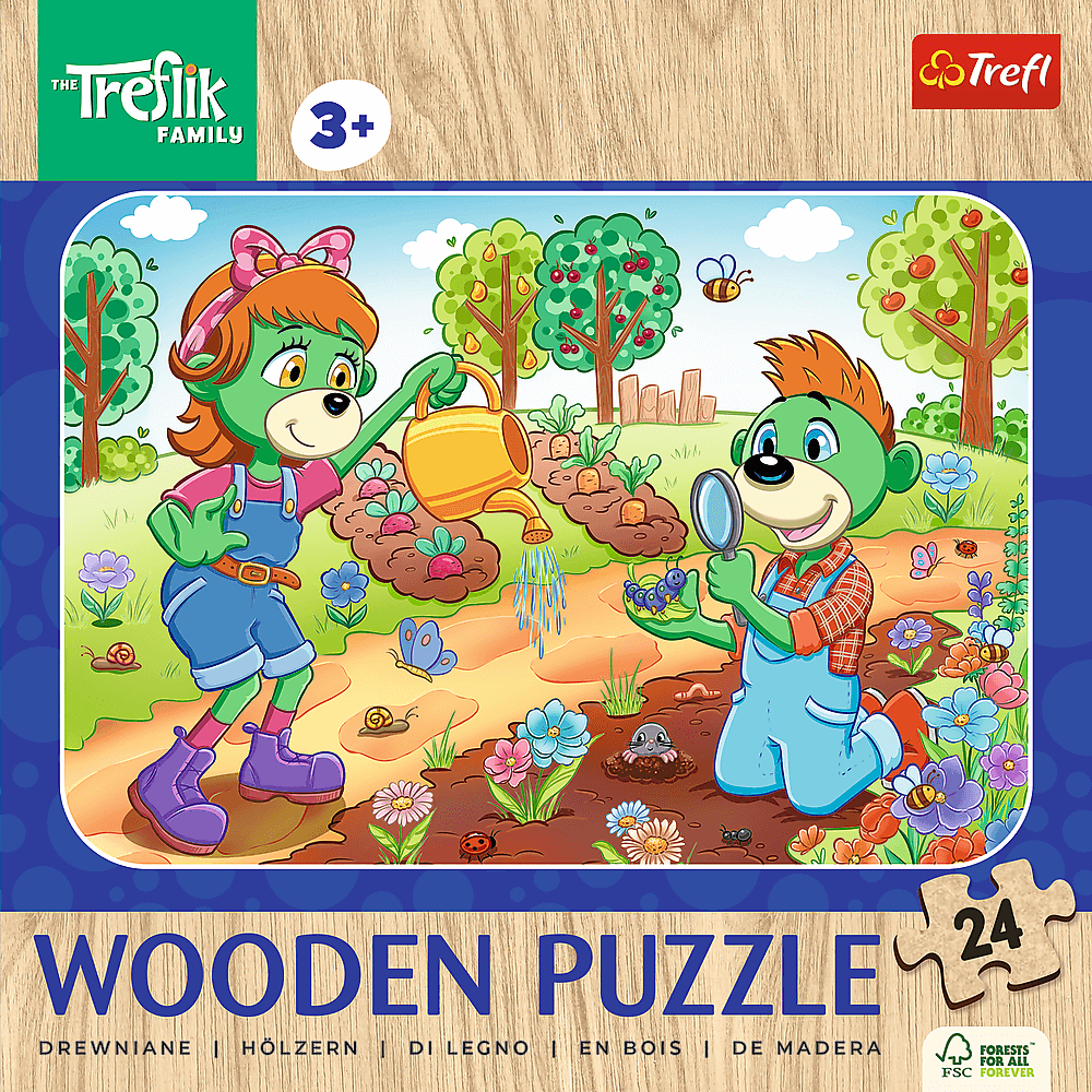 Ein Puzzle mit zwei Cartoon-Bären beim Gärtnern. Einer gießt Pflanzen, der andere untersucht Insekten mit einer Lupe. Blumen und Bäume umgeben sie.