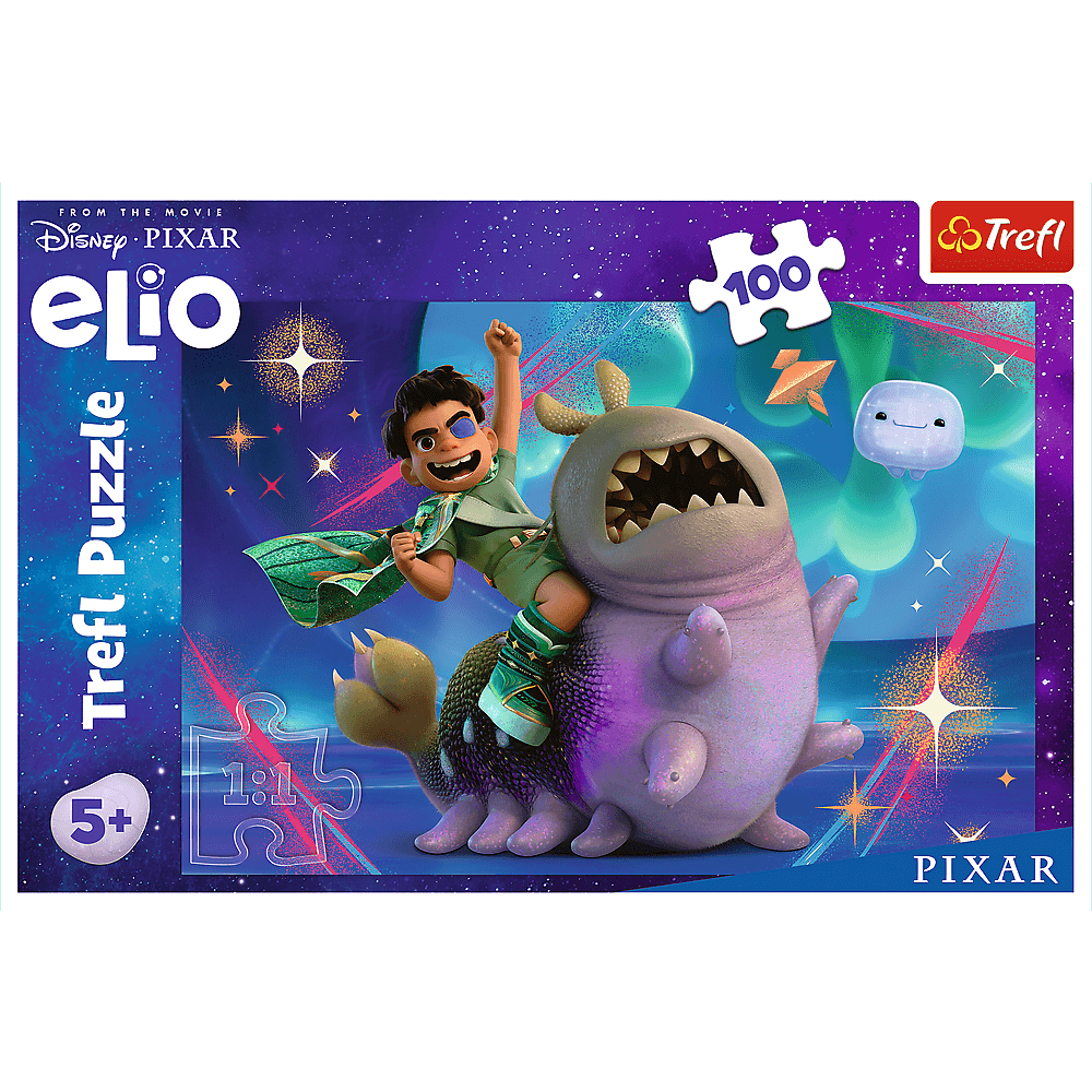 Puzzle von Elio, der auf einem lila Alien reitet. Hintergrund ist Weltraum-Thema mit Sternen und einem schwebenden weißen Wesen.