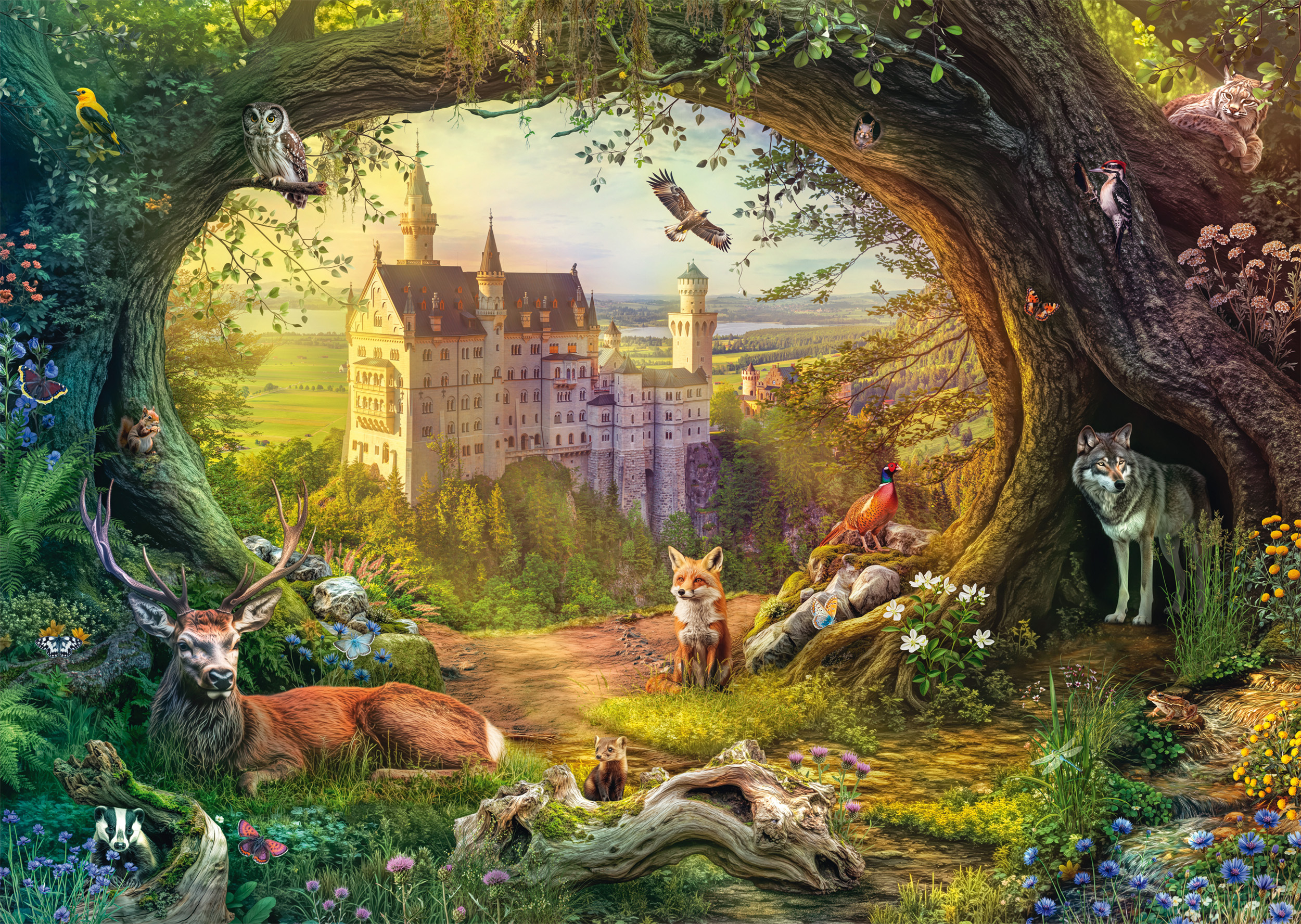 Une scène de conte de fées avec un château, des animaux et des arbres. Un cerf, un renard, un loup et autres animaux dans une forêt.
