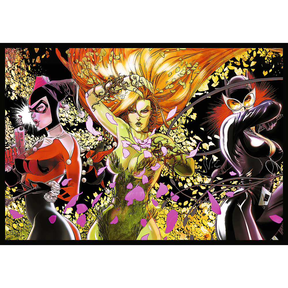 Stripkunst van Harley Quinn, Poison Ivy en Catwoman. Harley houdt een pistool vast. Poison Ivy is groen. Catwoman draagt een zwart pak.
