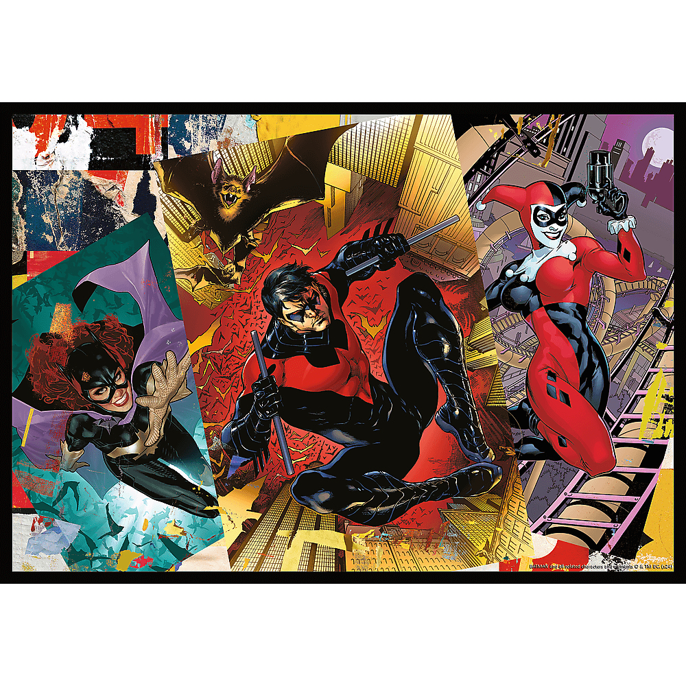 Stripboekcollage: Batgirl, Nightwing en Harley Quinn. Donkere achtergronden, stadsgezichten en actieposes. Zwarte lijst.