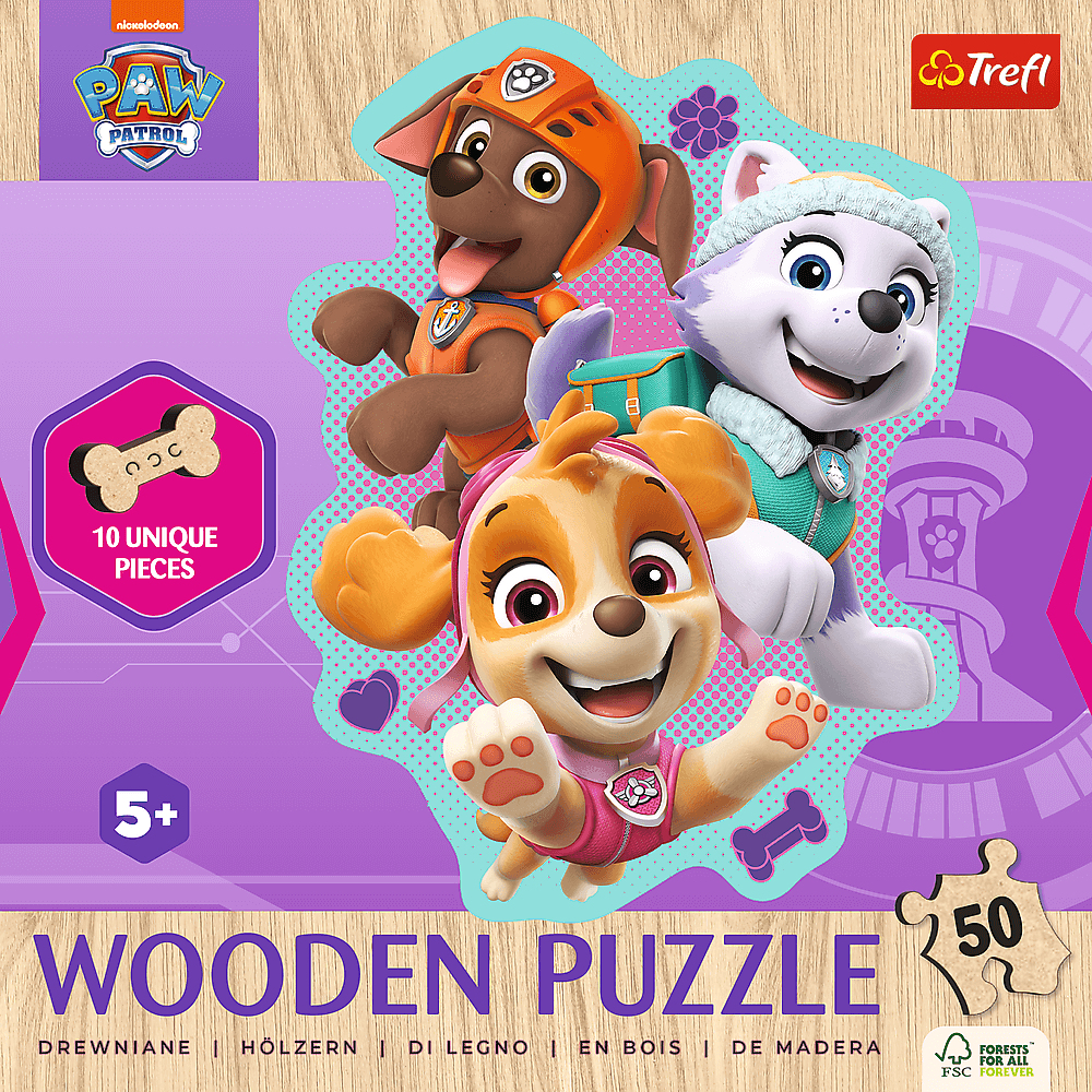 Ein Paw Patrol Holzpuzzle mit drei Zeichentrickhunden. Die Schachtel hat das Paw Patrol Logo und sagt 'Wooden Puzzle' und '50'.
