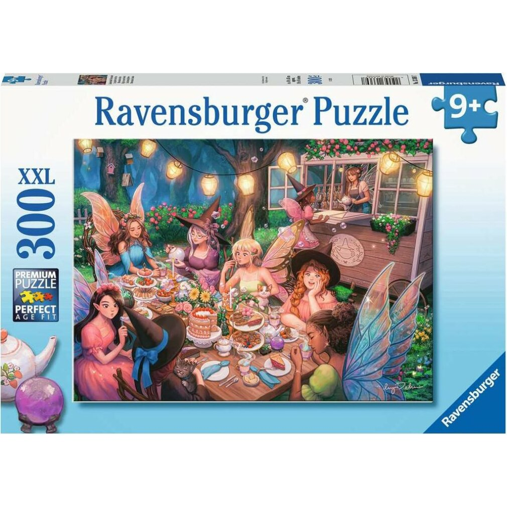 Scatola di puzzle con fate che cenano all'aperto. Fate con le ali attorno a un tavolo, cibo. Una donna in un piccolo negozio.