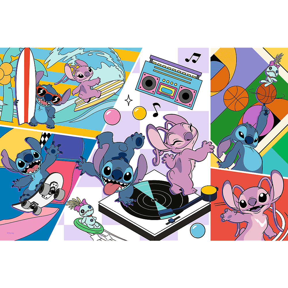 Stitch-Figuren in verschiedenen Posen: Surfen, Skateboard fahren, Musik hören, Basketball spielen und tanzen. Bunter Hintergrund.