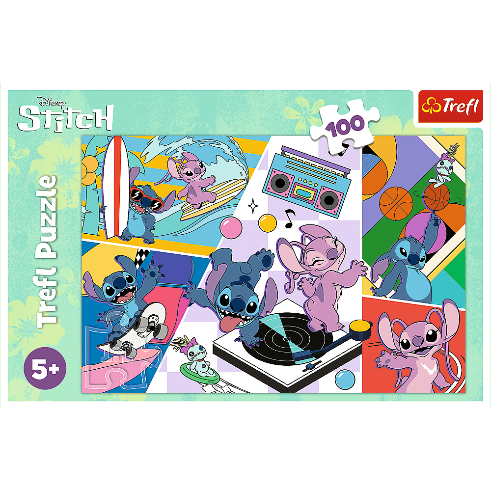 Ein Trefl-Puzzle mit Stitch-Charakteren. Stitch ist beim Surfen, Skateboarden und Tanzen zu sehen, zusammen mit anderen Objekten wie einer Boombox.