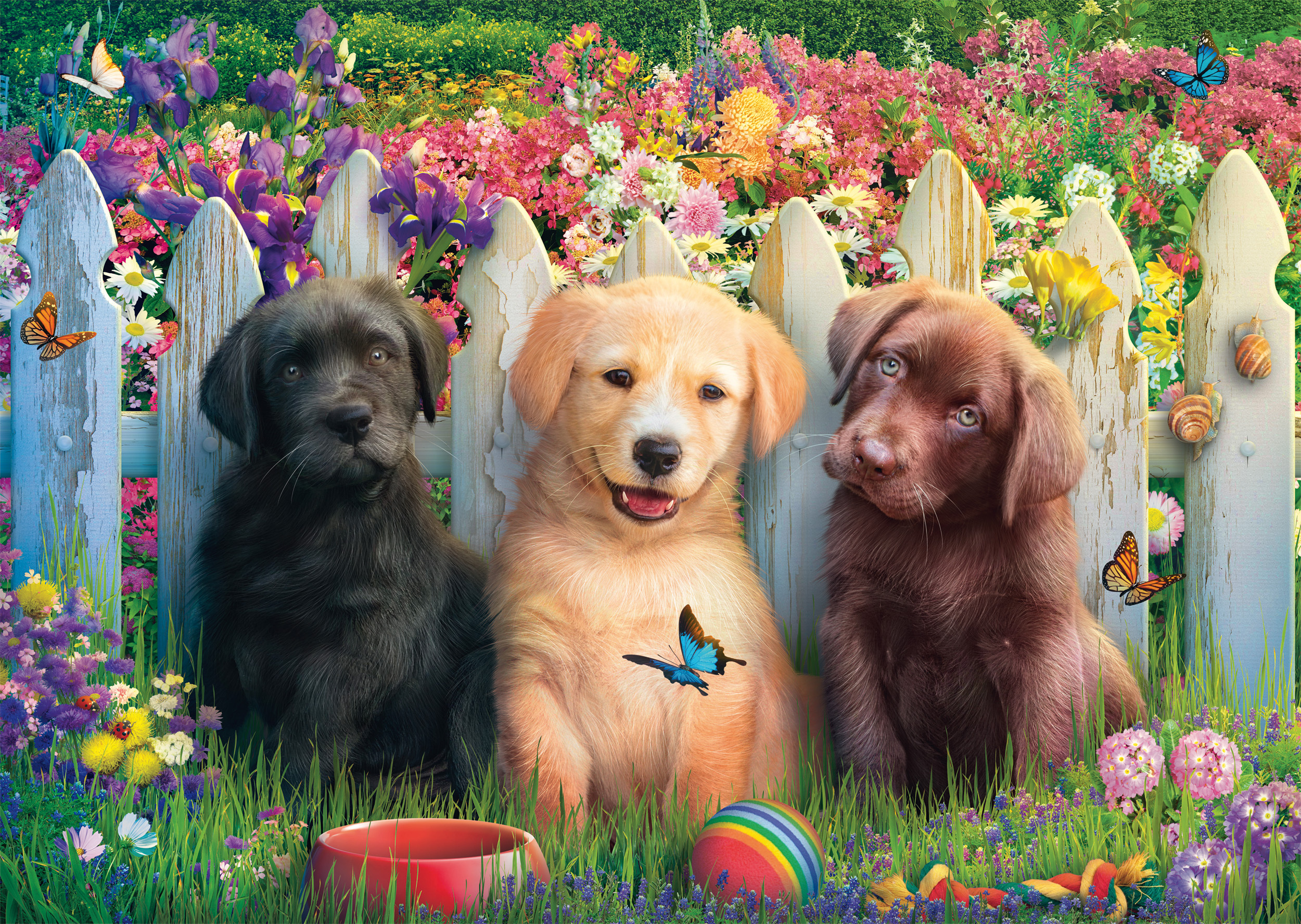 Trois chiots, noir, beige et marron, derrière une clôture blanche, entourés de fleurs colorées et de papillons.