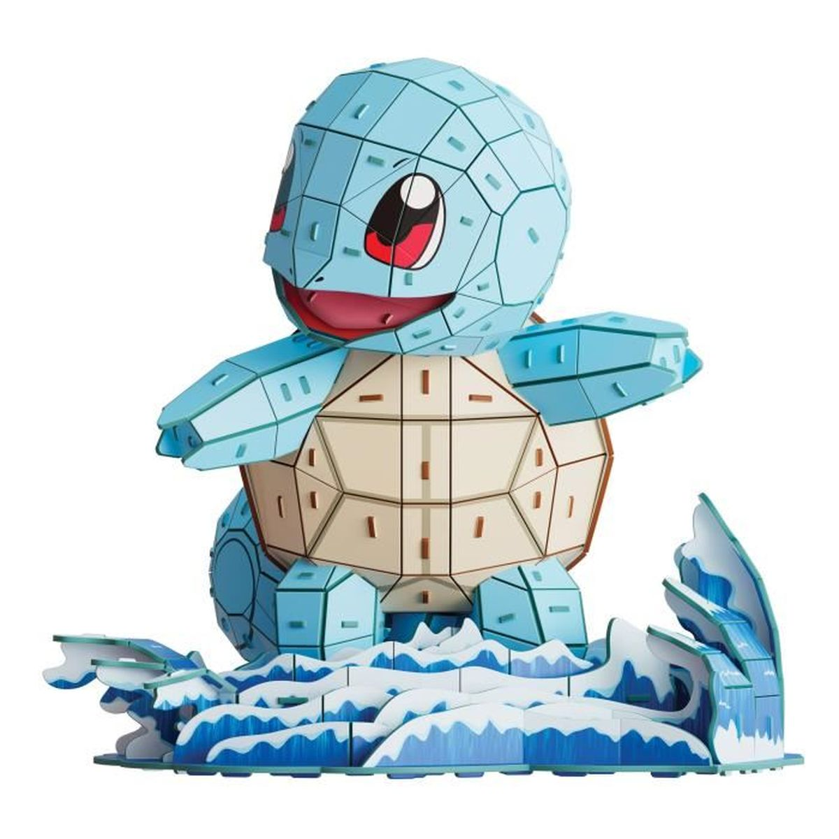Ein Squirtle-Puzzle, blau und hellbraun, steht auf einer Wellenbasis. Es hat ein lächelndes Gesicht und einen hellbeigen Panzer.