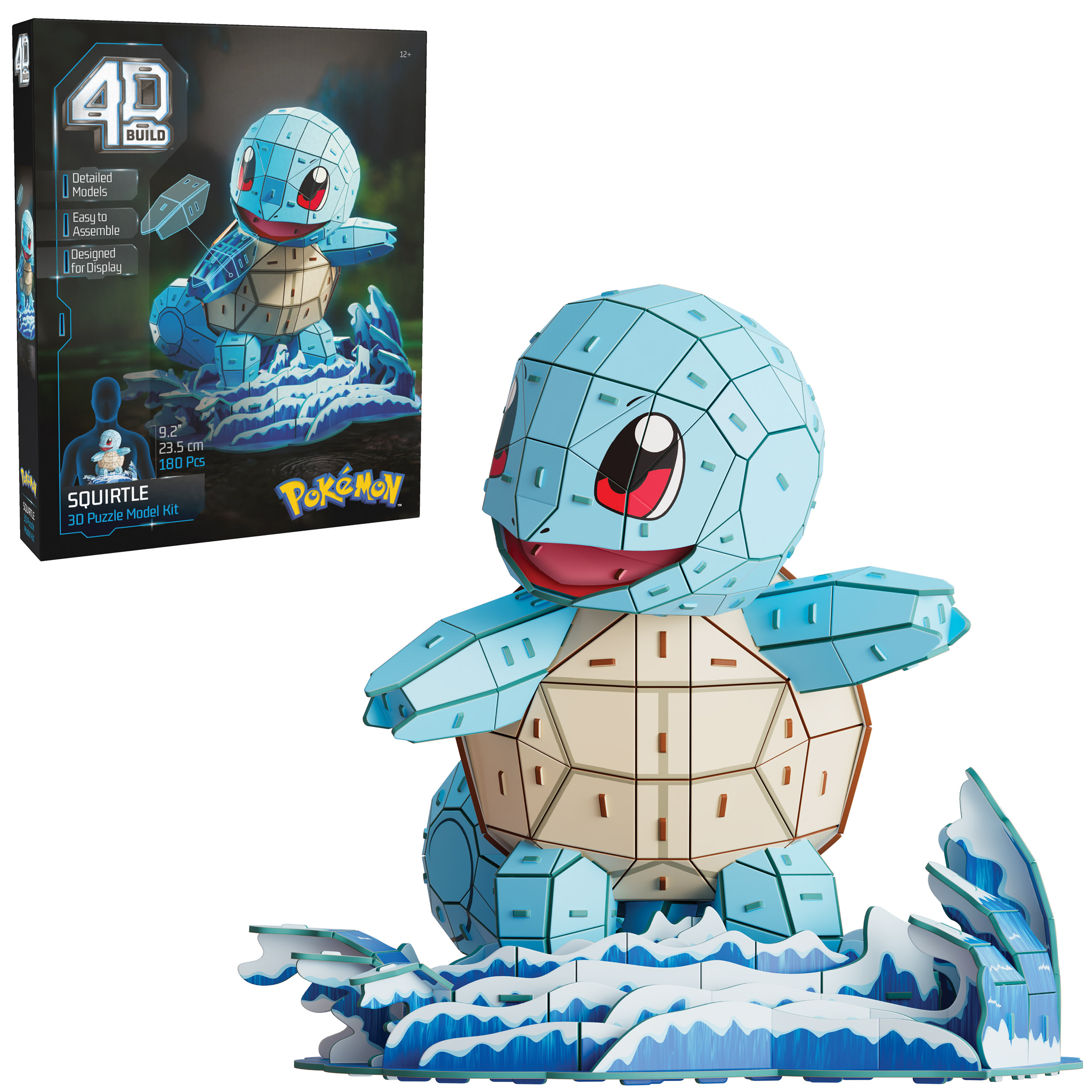 Ein 3D-Puzzle von Squirtle, einem blauen Pokémon, auf einer wellenförmigen Basis. Die Schachtel ist links sichtbar.