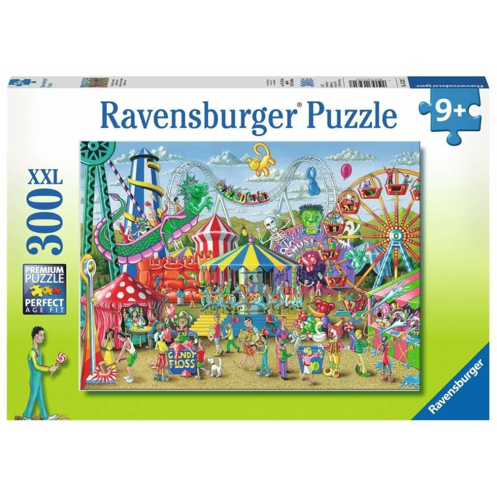 Scatola di puzzle con una scena di parco divertimenti. Montagne russe, ruota panoramica e vari personaggi visibili.