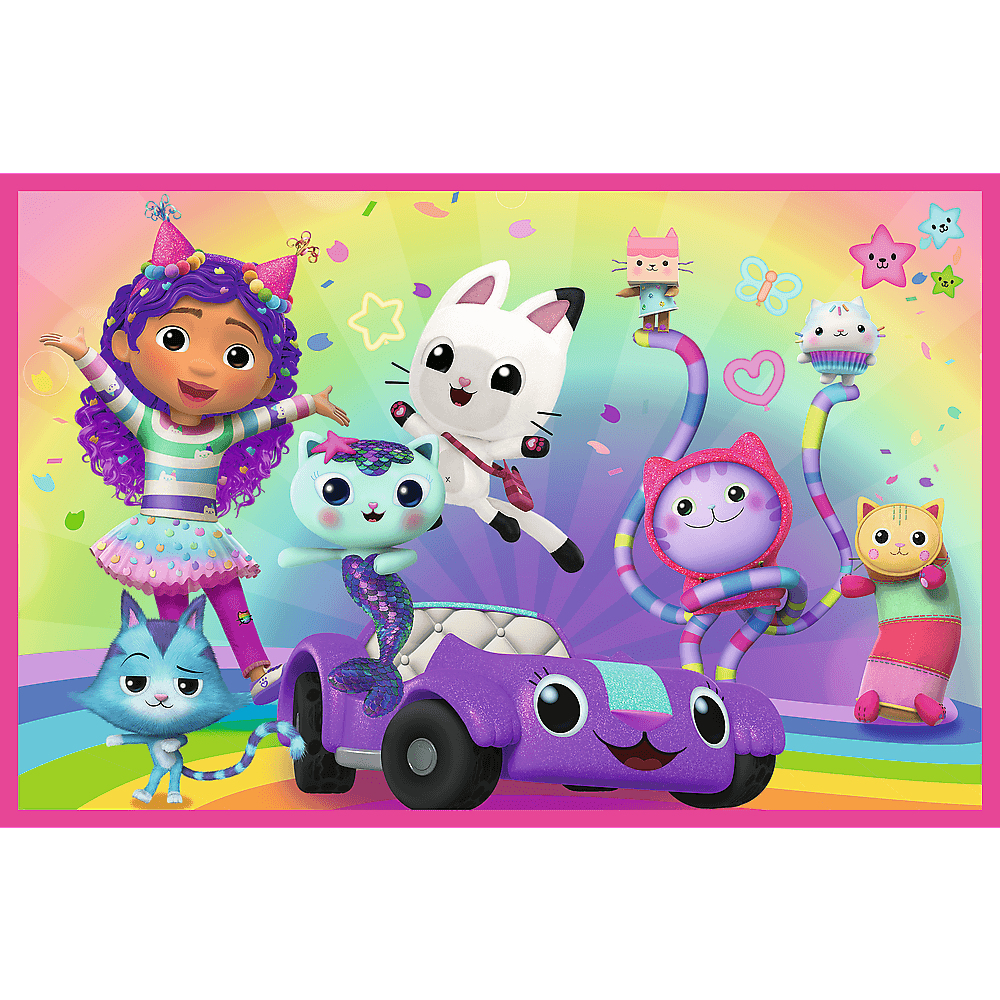 Farbenfrohes Bild von Gabby und Katzenfiguren. Sie befinden sich auf einem Regenbogenhintergrund mit Konfetti. In der Mitte befindet sich ein lila Auto.