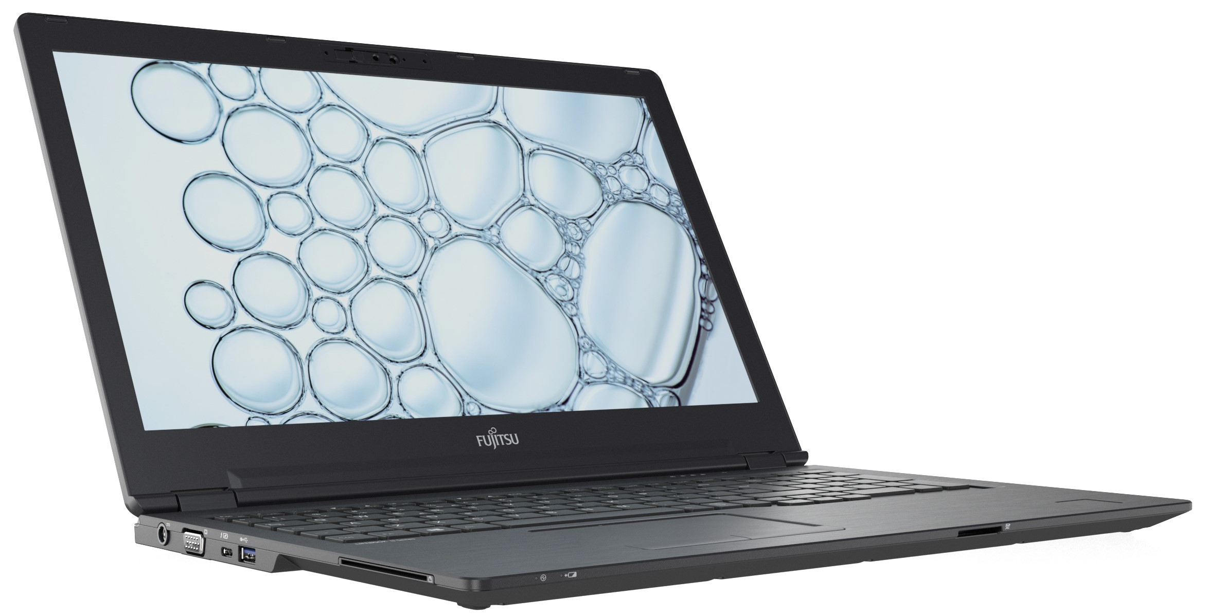 Ein dunkelgrauer Fujitsu-Laptop ist leicht geöffnet. Der Bildschirm zeigt ein blau-weißes Blasenmuster. Der Hintergrund ist weiß.
