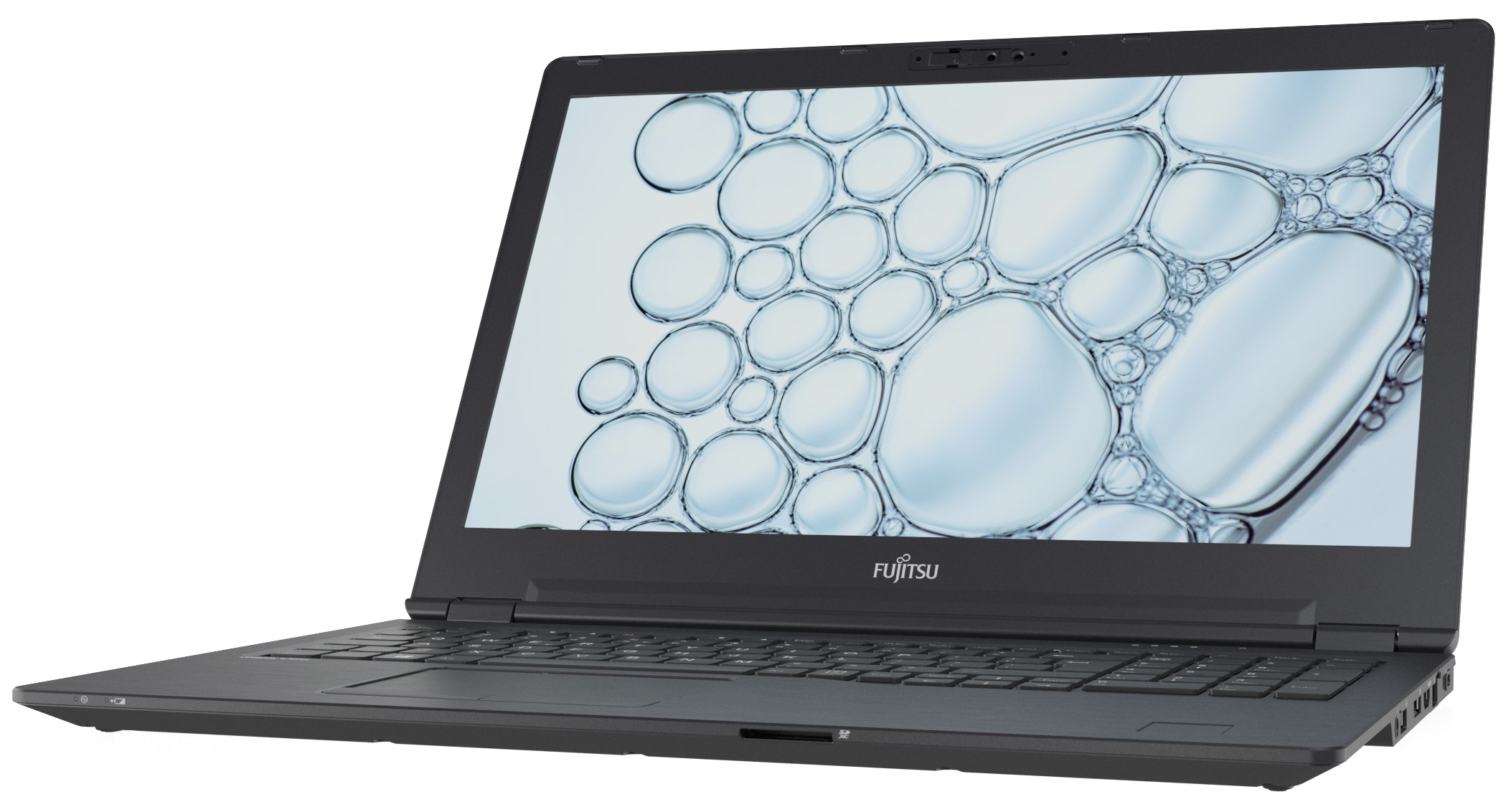 Ein schwarzer Fujitsu-Laptop ist geöffnet. Der Bildschirm zeigt eine Nahaufnahme von Blasen. Die Tastatur ist sichtbar. Der Hintergrund ist weiß.