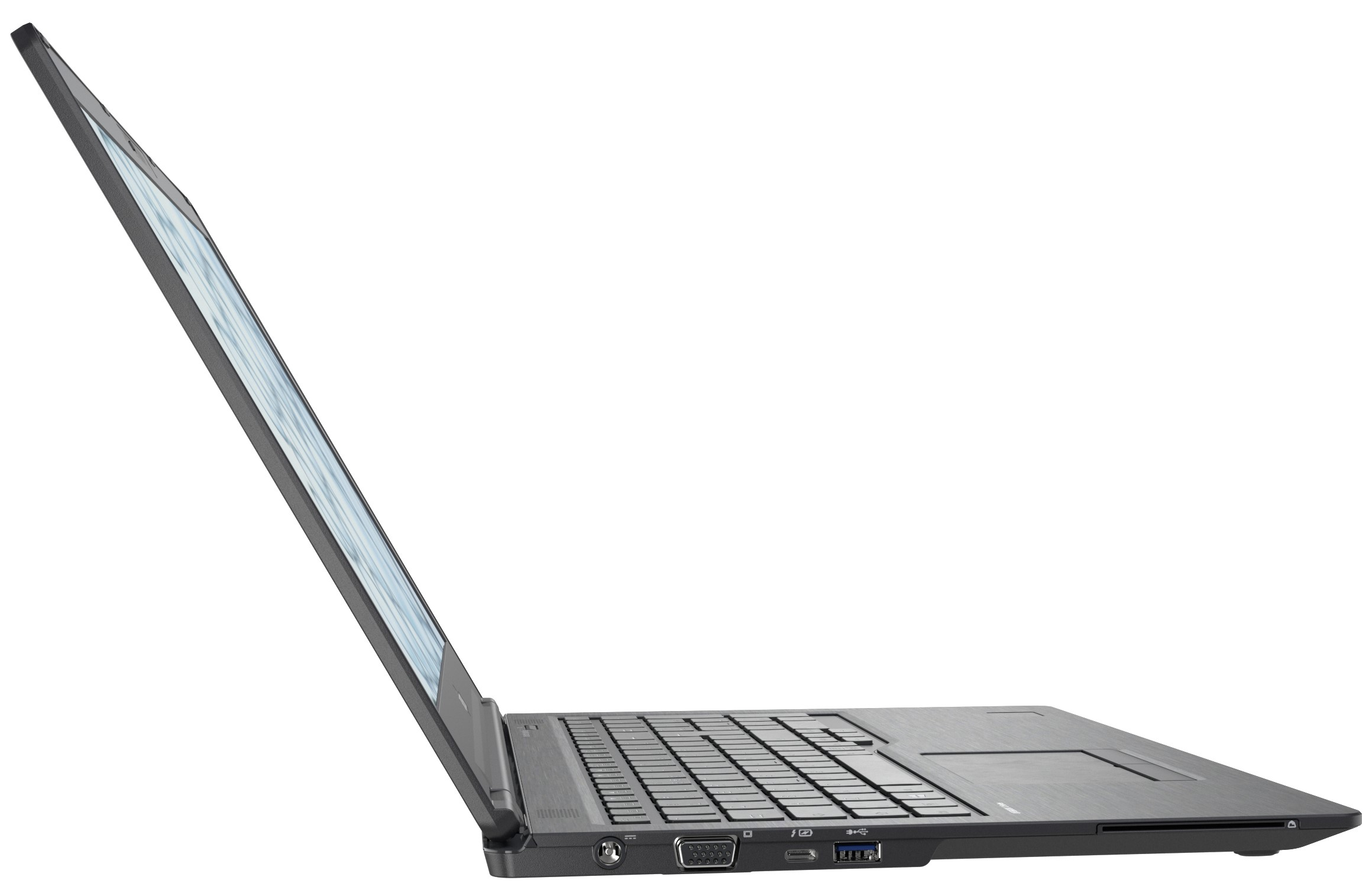 Ein dunkelgrauer Laptop ist geöffnet und zeigt die Tastatur und den Bildschirm. Der Bildschirm ist nach oben abgewinkelt und zeigt eine helle Anzeige.