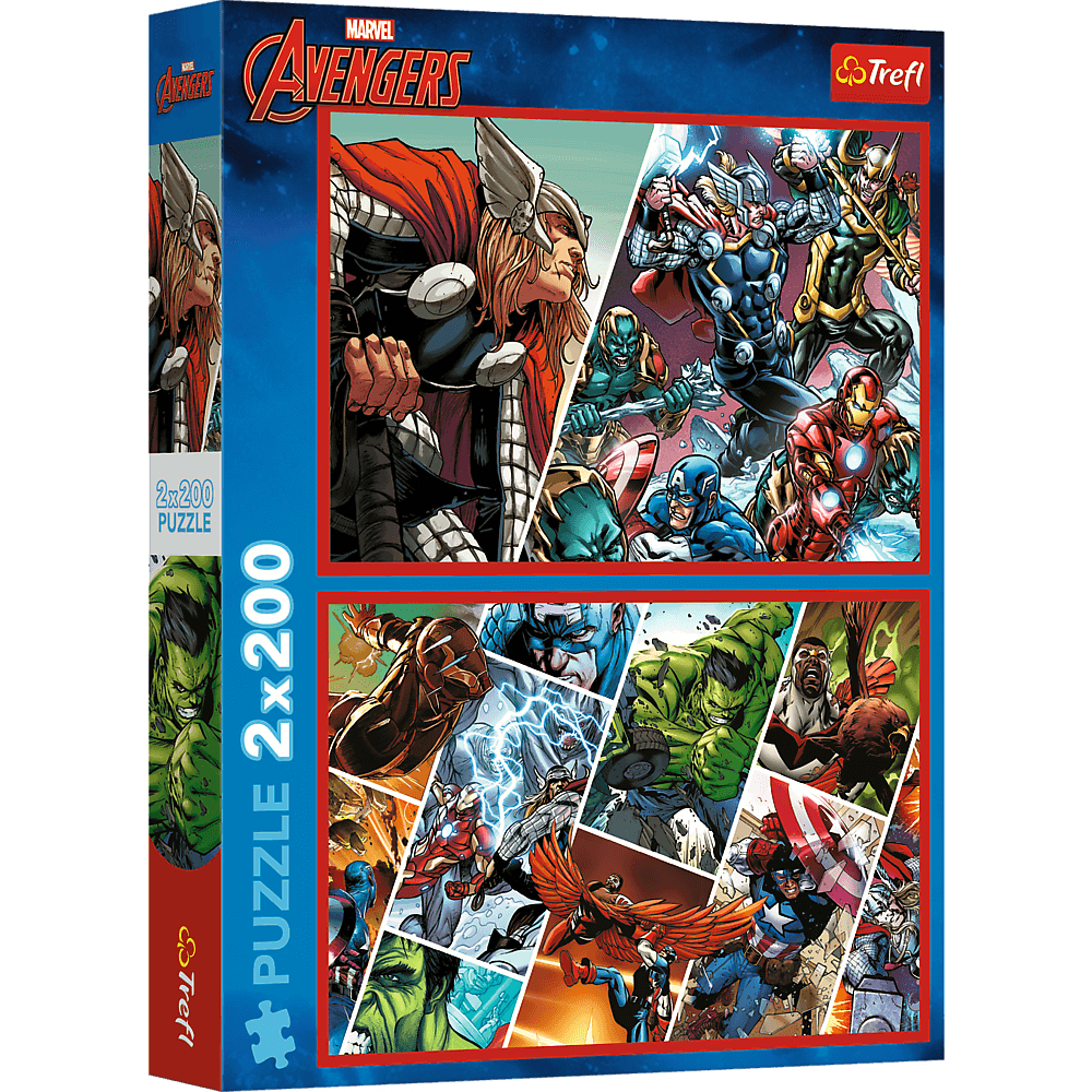 Boîte de puzzle avec des personnages Marvel Avengers. Thor, Captain America, Hulk, Iron Man et autres en poses d'action.