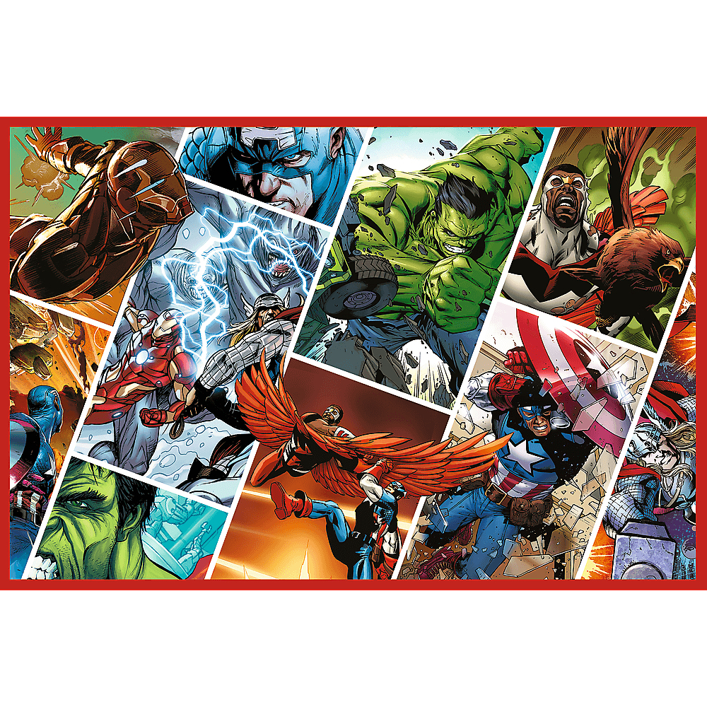 Collage de bandes dessinées avec des super-héros comme Iron Man, Captain America et Hulk. Personnages en poses d'action colorées.