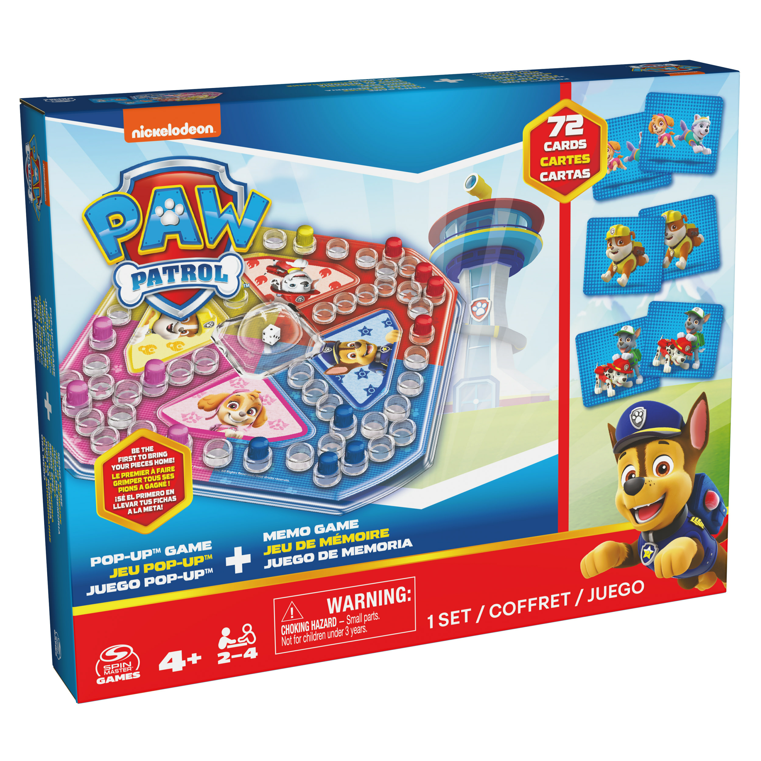 Eine Paw Patrol Brettspielbox. Sie zeigt die Welpen, ein Spielbrett und Kartenbilder. Die Box ist blau und rot.