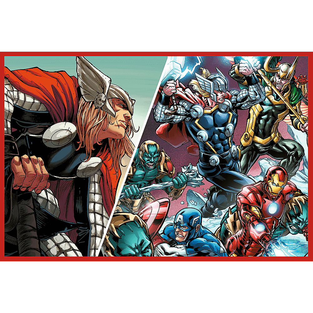 Illustration de bande dessinée de Thor et d'autres héros combattant des méchants. Thor au premier plan, autres héros et méchants en arrière-plan.
