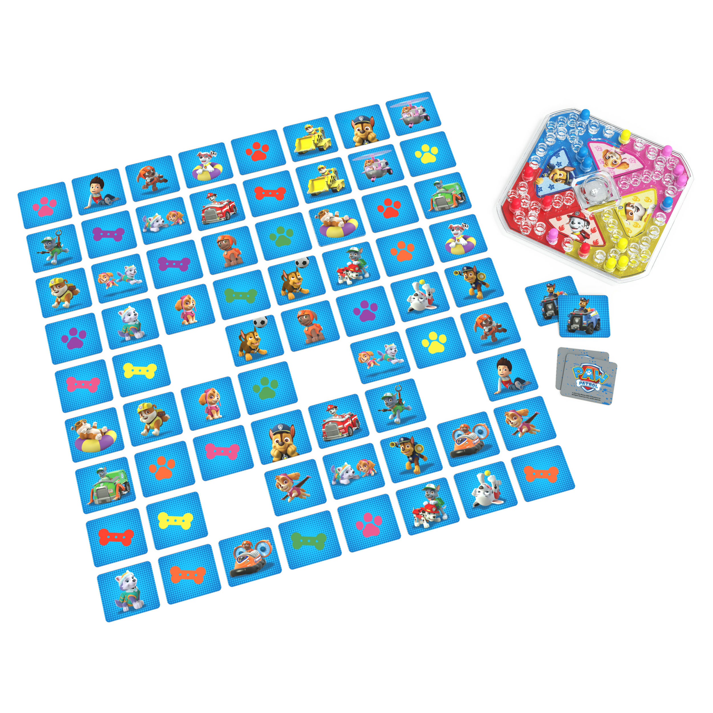 Paw Patrol Memory-Spiel mit Karten und Spielbrett. Blaue Karten mit Figuren und Symbolen. Weißer Hintergrund.