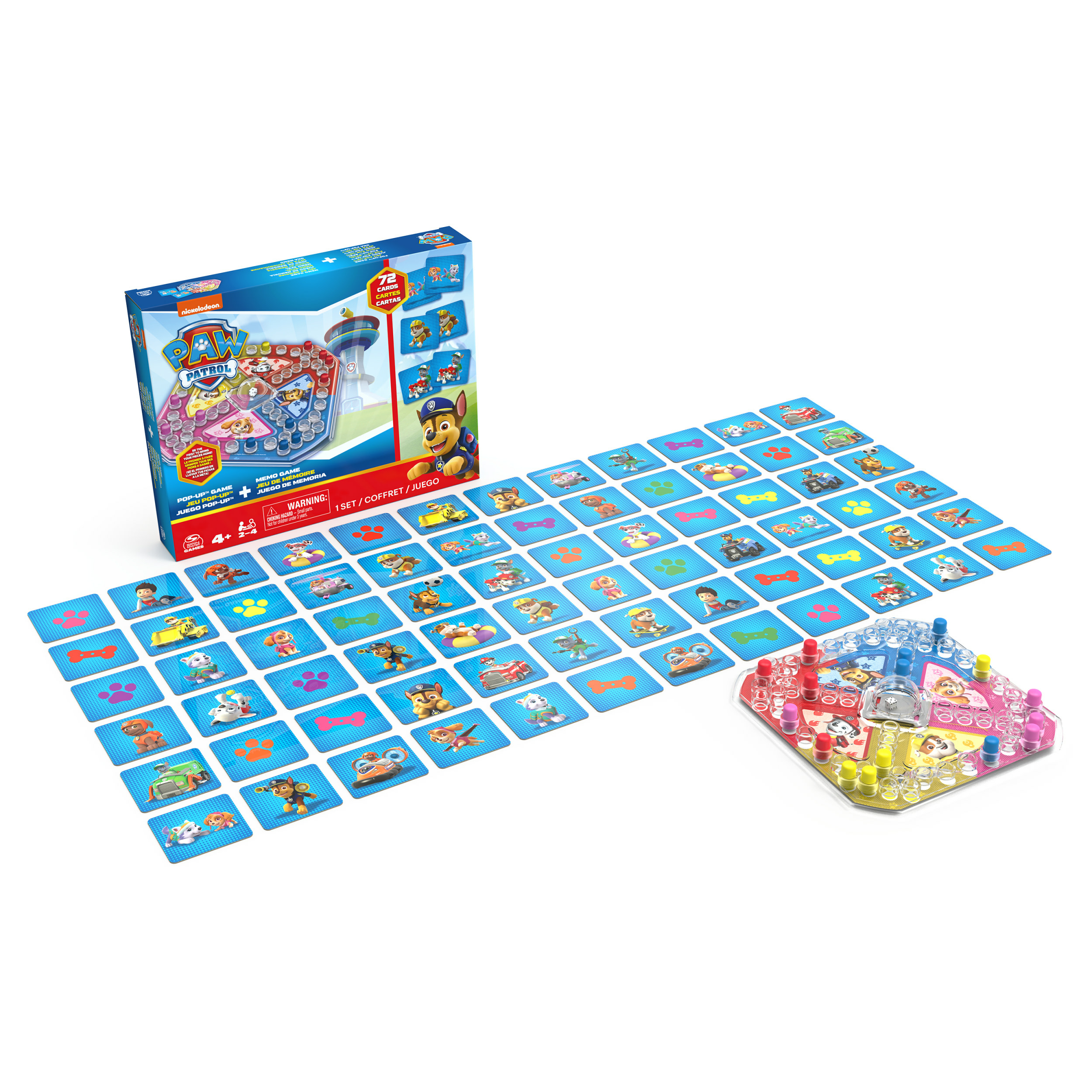 Paw Patrol-Brettspiel mit Karten und einem Spielbrett mit Zeichentrickfiguren. Eine Schachtel befindet sich links.