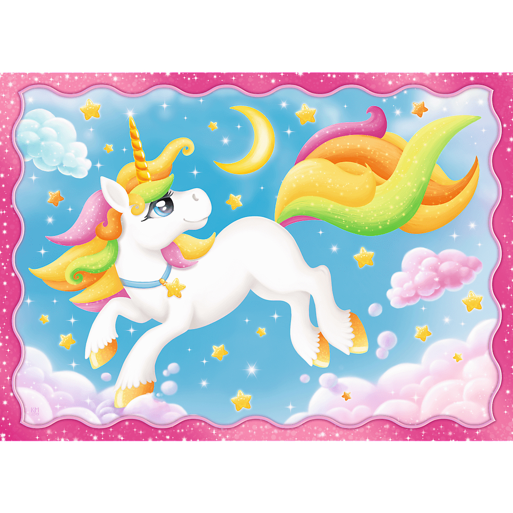 Ein weißes Einhorn mit Regenbogenmähne und -schwanz springt in einem Sternenhimmel mit Mond und Wolken in einem rosa Rahmen.