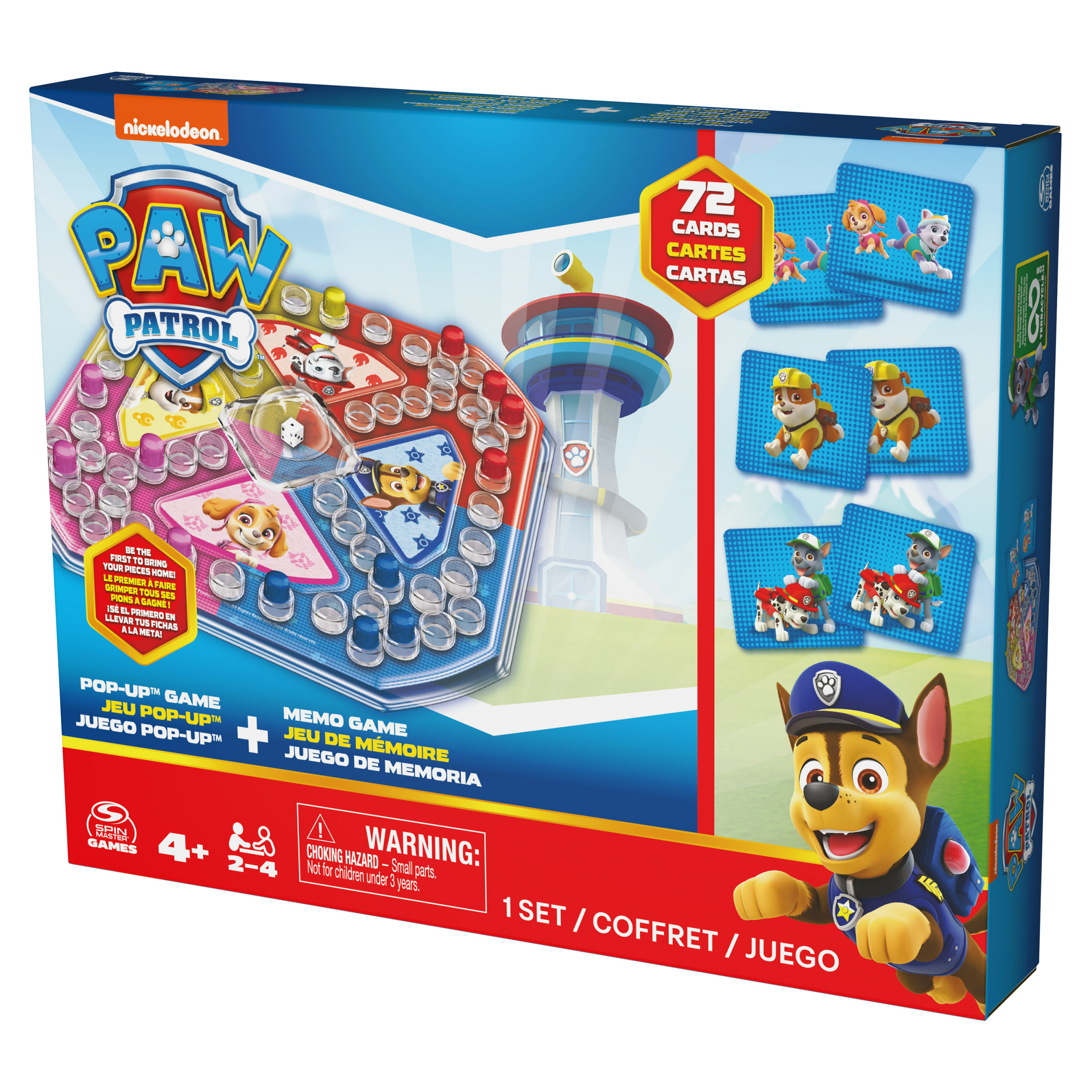 Paw Patrol Brettspielbox. Enthält die Charaktere der Show und ein Spielbrett. Chase ist auf der Box.
