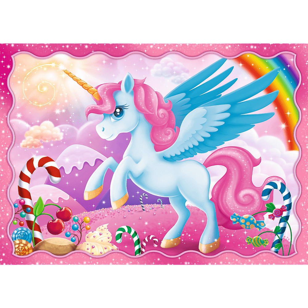 Ein Cartoon-Einhorn mit rosa Mähne und Schweif, blauen Flügeln und einem goldenen Horn steht in einem Süßigkeitenland mit einem Regenbogen.