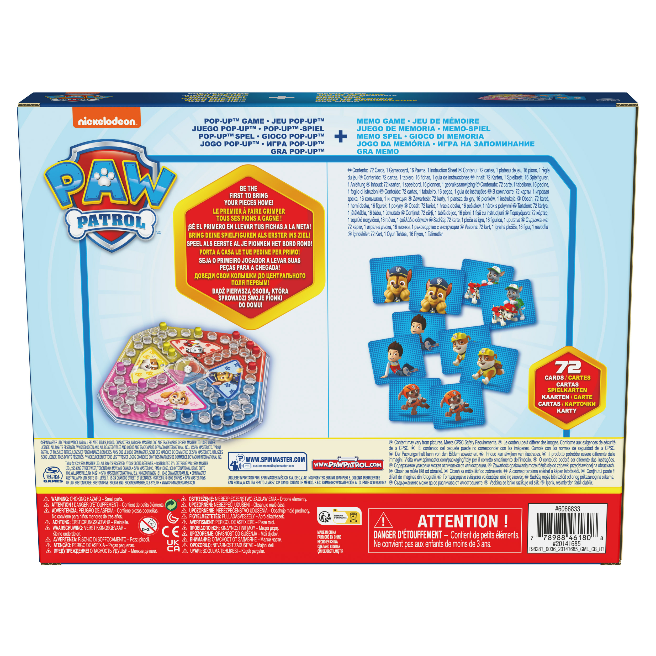 Paw Patrol Box. Blauer Hintergrund mit Logo und Spieldetails. Enthält Karten, Spielbrett und Figuren.