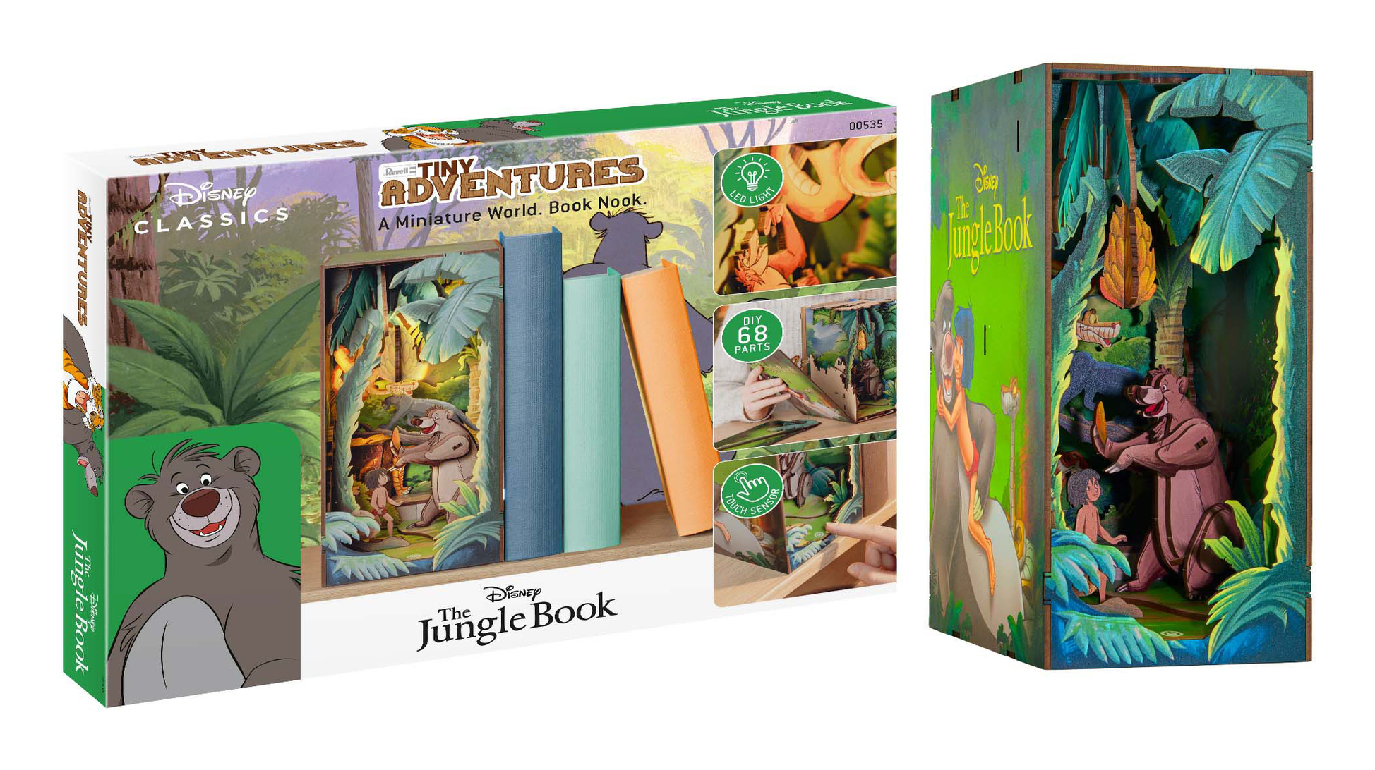 Ein Diorama-Buch-Eck von 'Das Dschungelbuch'. Die Box zeigt Balu und Mogli, umgeben von Dschungellandschaft, mit einem DIY-Bestandteil.