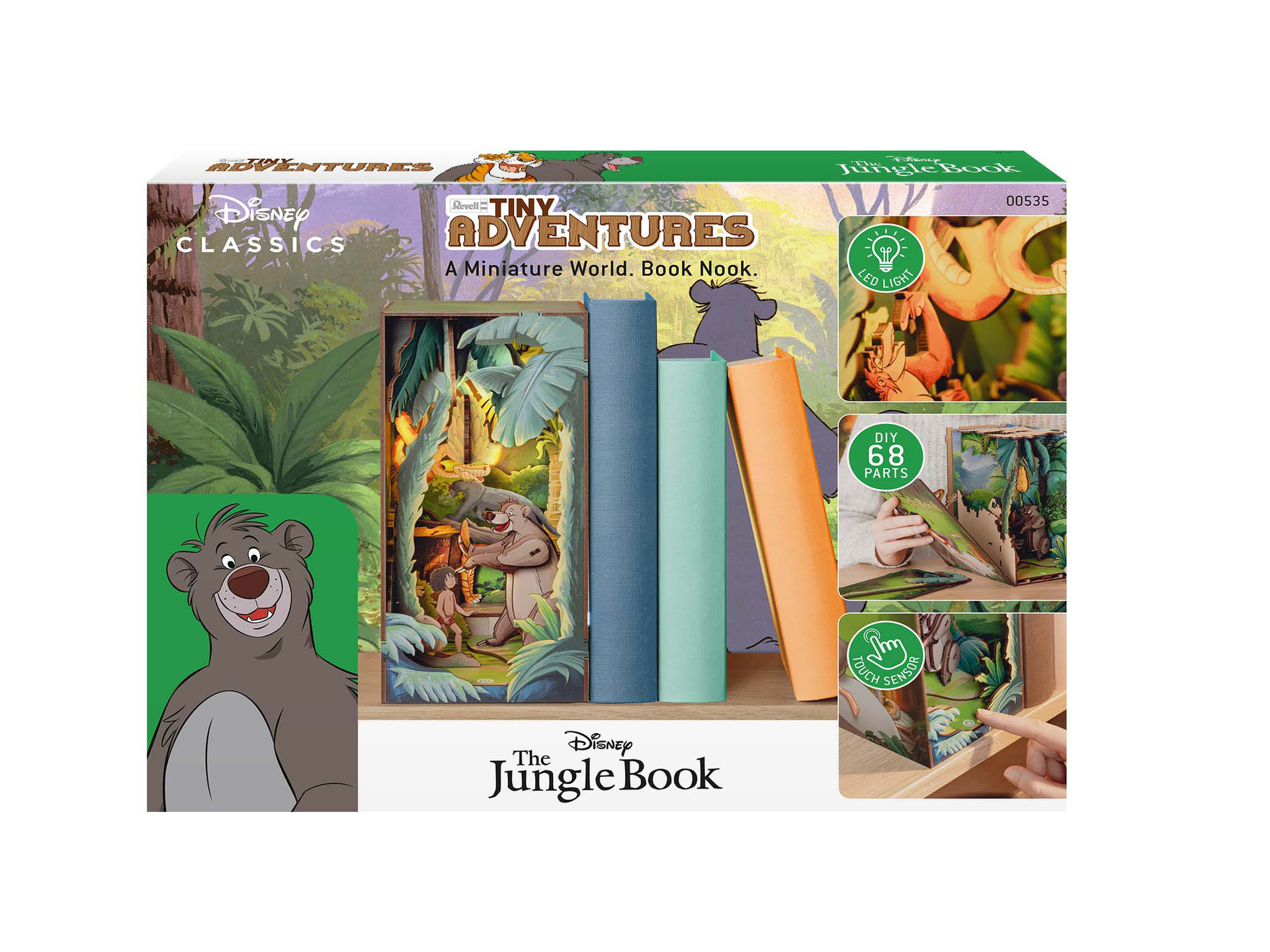 Ein Dschungelbuch-Buch-Nook-Box-Set. Enthält Balu, Szenen aus dem Film und LED-Licht. Enthält 68 Teile.