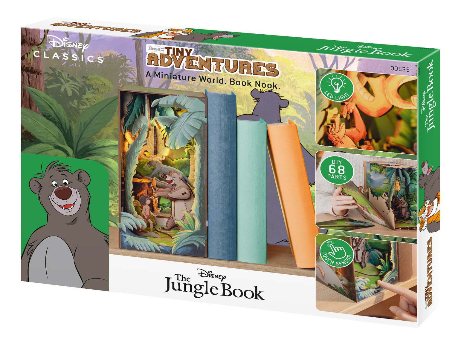 Ein Disney Jungle Book Miniatur-Buch-Eck. Mit Balu und Mogli. Enthält LED-Licht und Berührungssensor. Bunte Box.