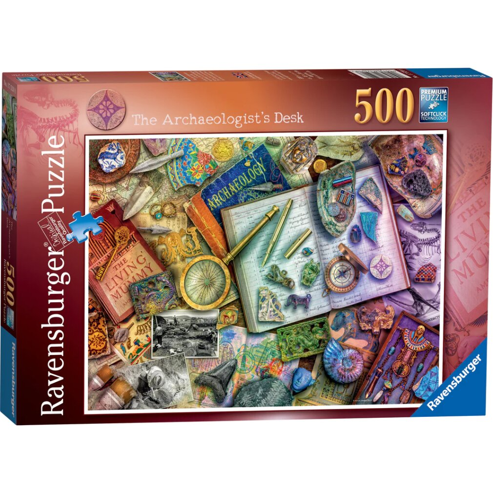 La scatola del puzzle mostra la scrivania di un archeologo con libri, bussola, lente d'ingrandimento e manufatti come fossili e oggetti antichi.