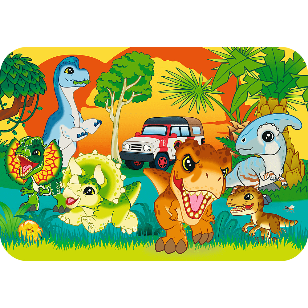 Cartoon-Szene mit verschiedenen Dinosauriern und einem Auto in einer Dschungelumgebung. Bunte Illustration mit sonnigem Hintergrund.
