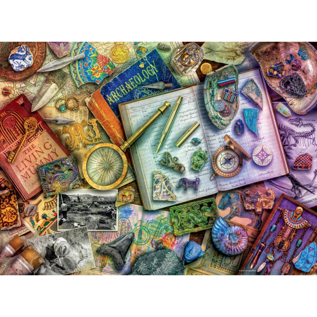Un assortimento di reperti archeologici: libri, lente d'ingrandimento, bussola, fossili e altri manufatti, disposti su uno sfondo di mappa.