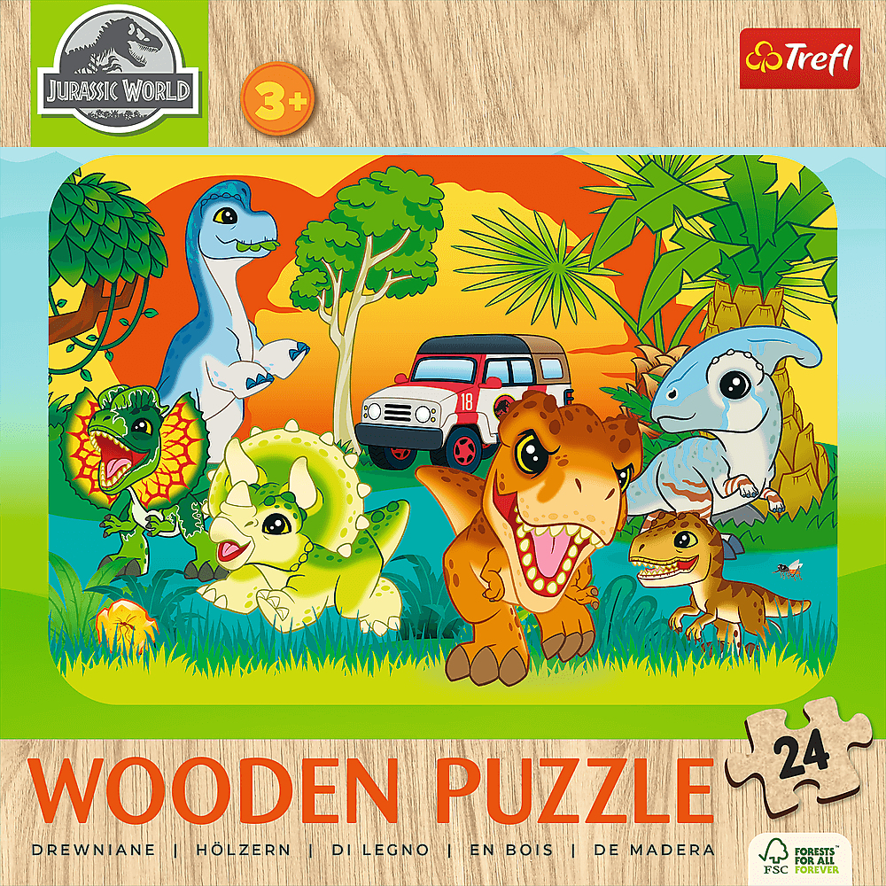 Ein Jurassic World Holzpuzzle mit Dinosauriern, einem Auto und Bäumen. Das Puzzle ist für Kinder ab 3 Jahren und hat 24 Teile.