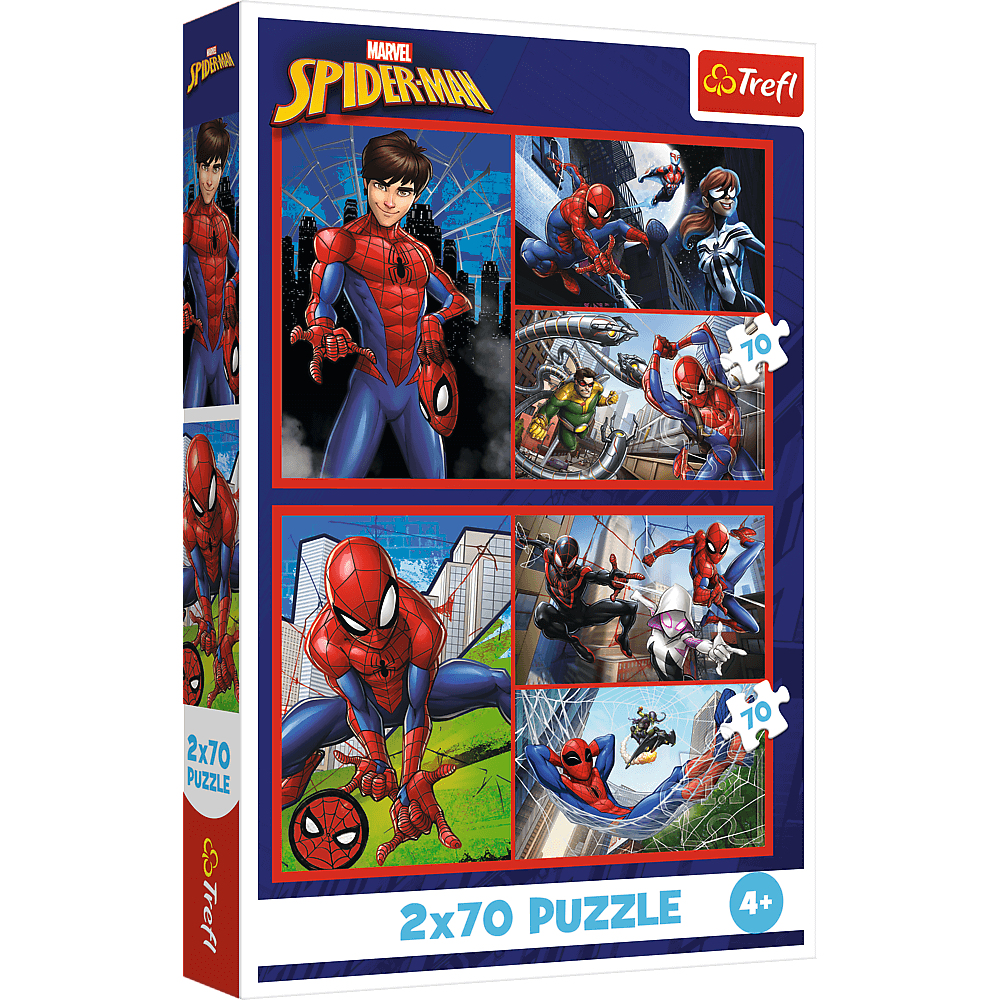 Een Spider-Man puzzelbox. Het bevat meerdere afbeeldingen van Spider-Man in actieposes en andere personages.