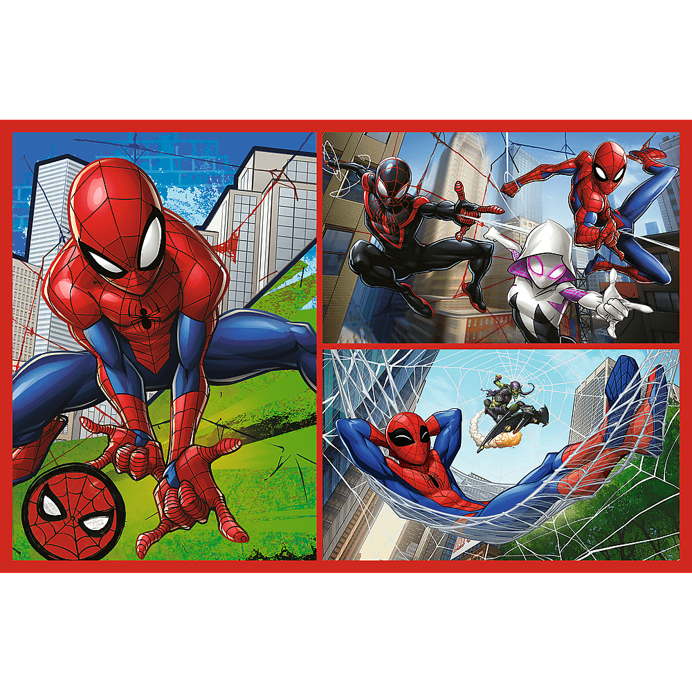Spider-Man stripverhaal. Spidey in verschillende poses: web-slinging, ontspannen in een hangmat en vechten tegen schurken, tegen een stadsachtergrond.