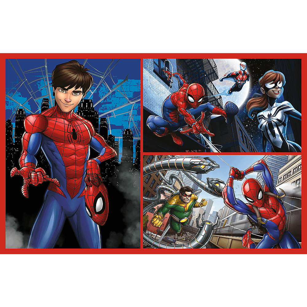 Comicbeeld van Spider-Man. Panelen tonen Spider-Man in verschillende poses, vechtend tegen schurken. Eén houdt zijn masker vast.
