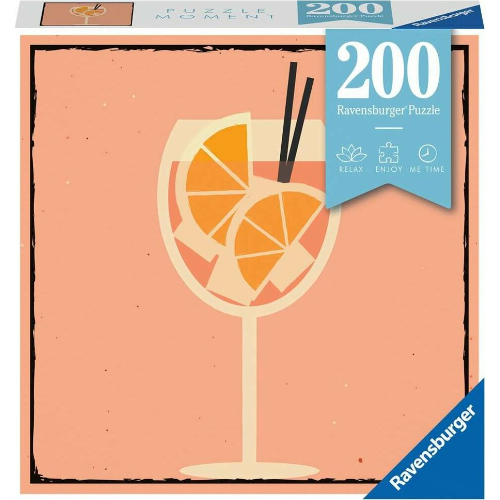 Scatola di puzzle con un bicchiere da cocktail con fette d'arancia. Il bicchiere ha due cannucce nere. Un'etichetta blu dice '200 Ravensburger Puzzle'.