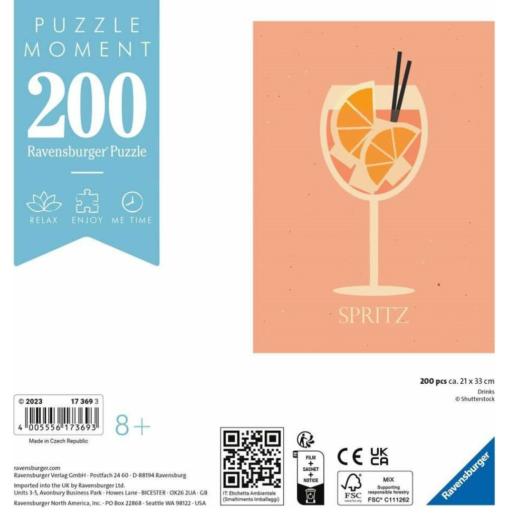 Scatola puzzle con illustrazione di drink spritz, fette d'arancia e cannuccia su sfondo pesca.