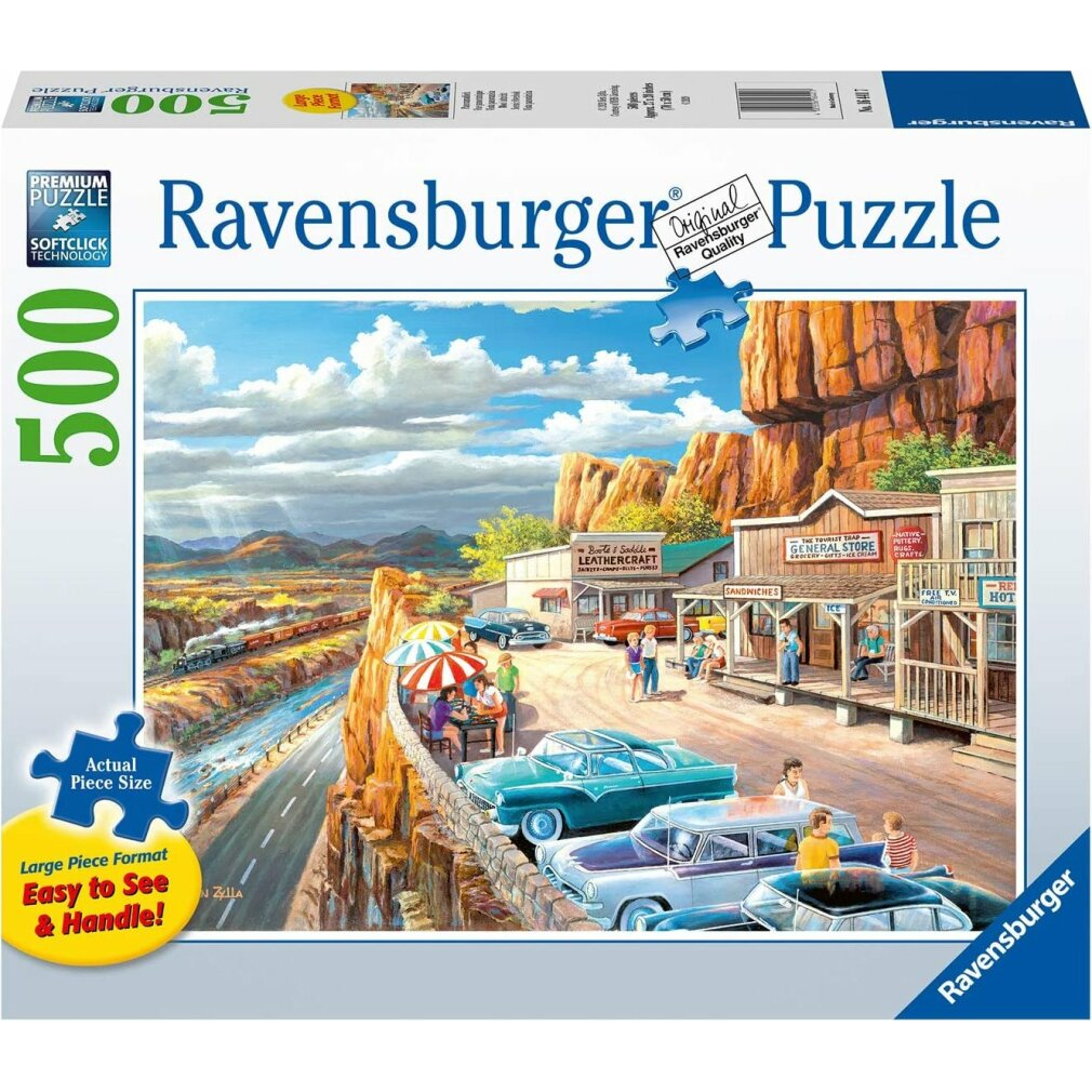 Un puzzle Ravensburger mostra una strada panoramica con negozi, auto d'epoca, un treno e persone. Una scogliera e un cielo blu fanno da sfondo.