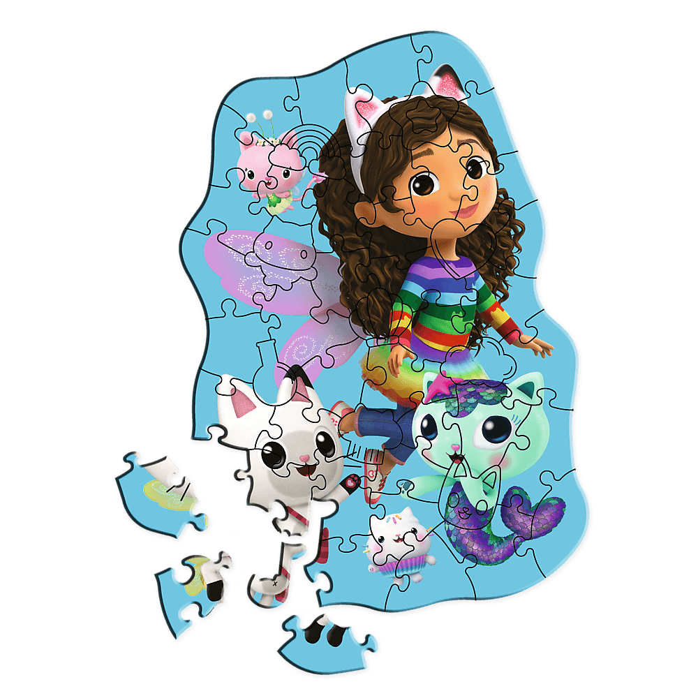 Ein Gabby's Dollhouse-Puzzle. Gabby mit Katzenohren, Regenbogen-Shirt, Meerjungfrauenschwanz und Freunden, einer Katze, einer Meerjungfrauenkatze und einem Schwein.
