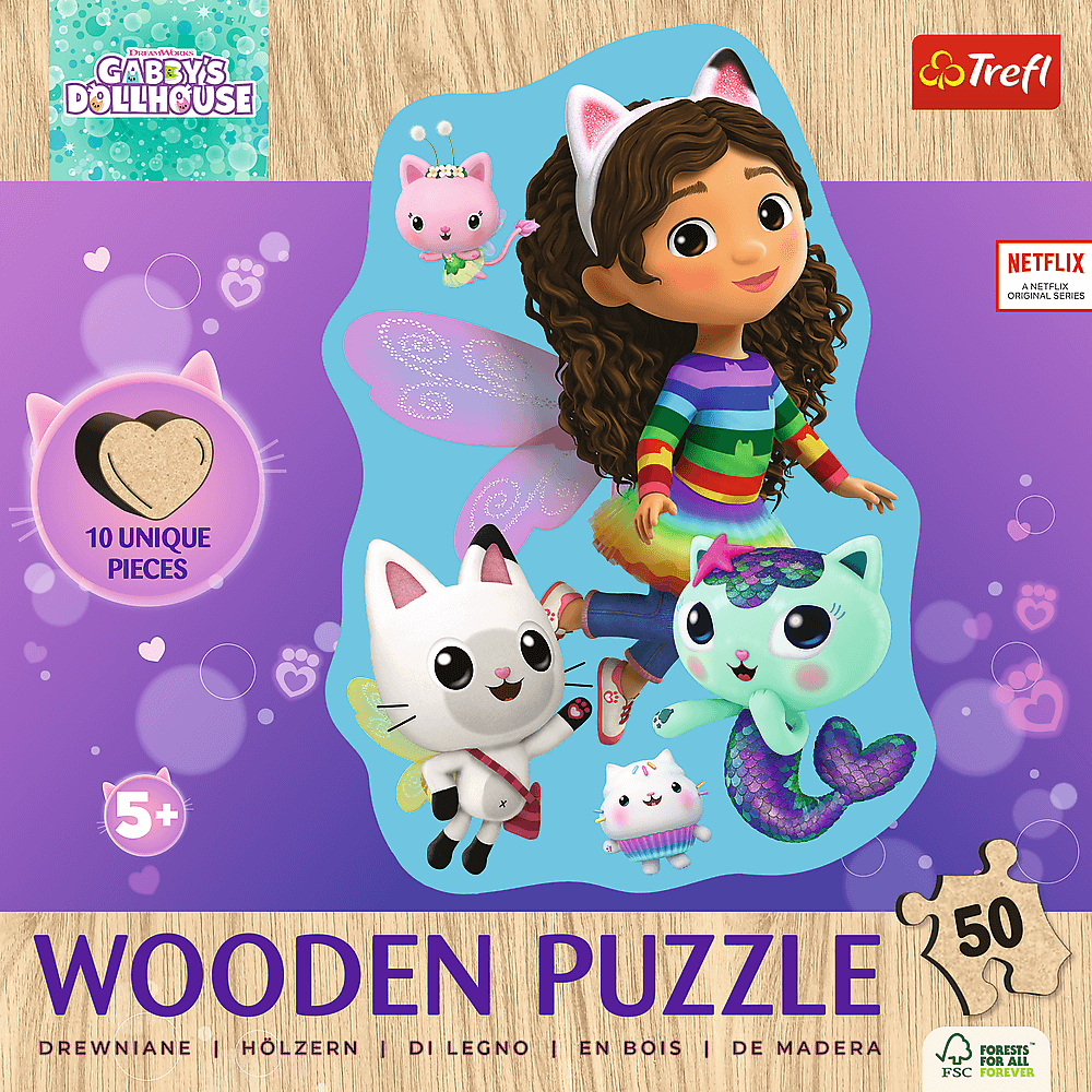 Eine Gabby's Dollhouse Holzpuzzle-Box mit Gabby, Katzenfiguren und Puzzleteilen. Netflix-Logo sichtbar.