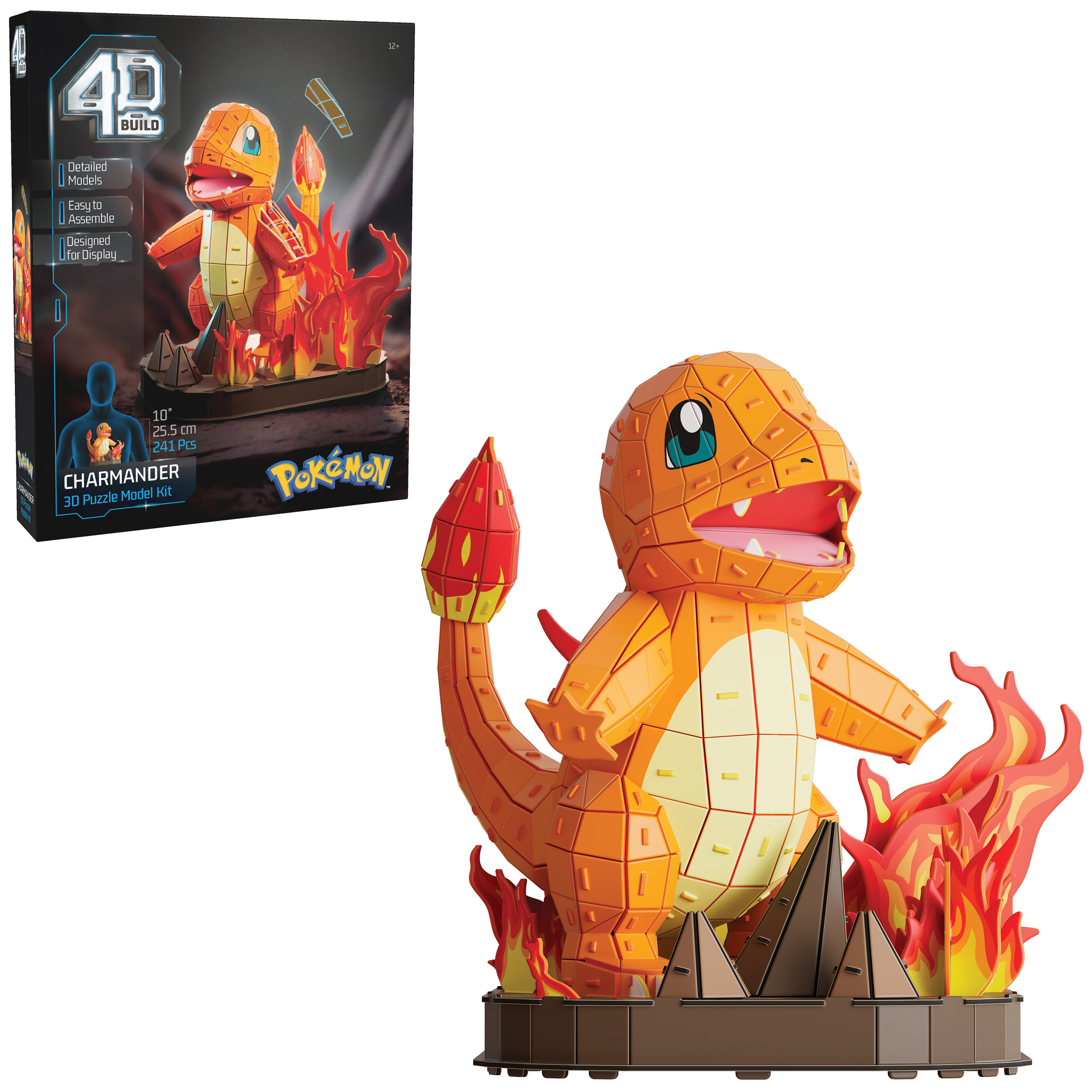 Un kit modello puzzle 3D di Charmander. È arancione, con una base di fiamma. La scatola è in alto a sinistra.