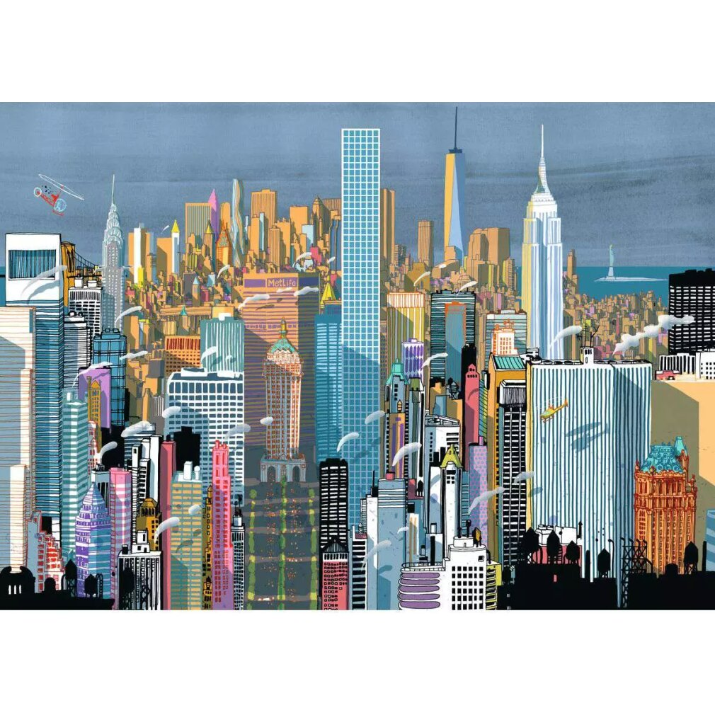 Illustrazione di un paesaggio urbano con grattacieli, tra cui l'Empire State Building e il One World Trade Center.