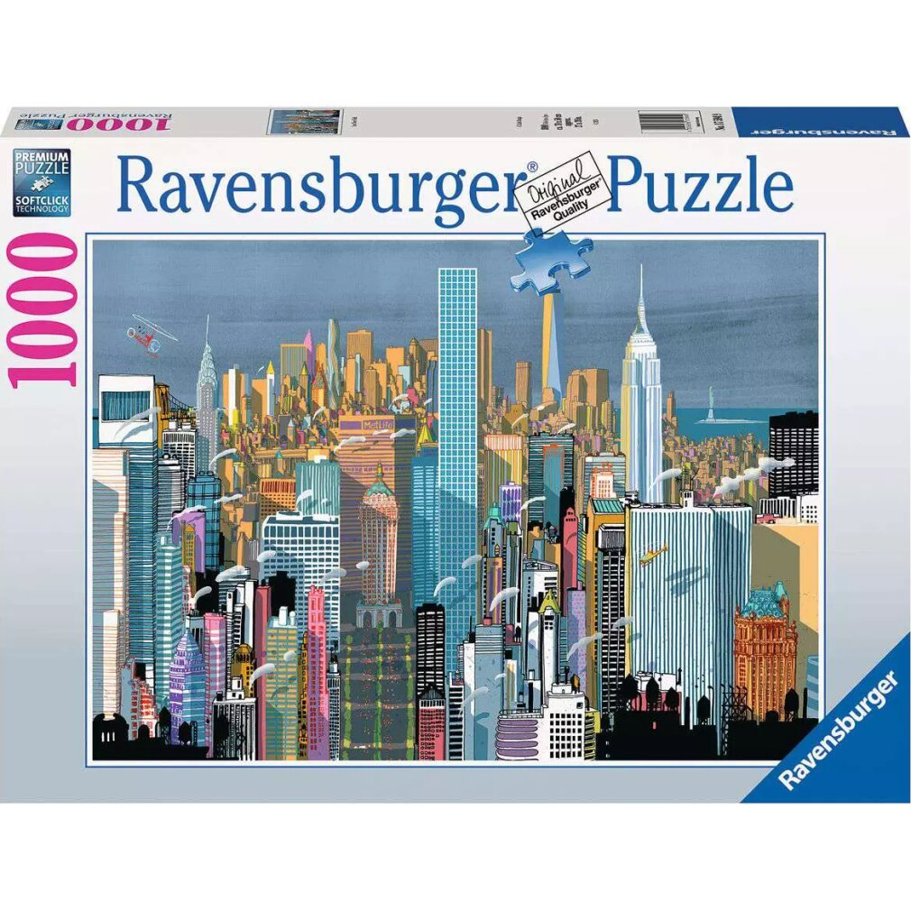 Scatola di puzzle Ravensburger con skyline di New York City con grattacieli e un elicottero. Un pezzo di puzzle fluttua.