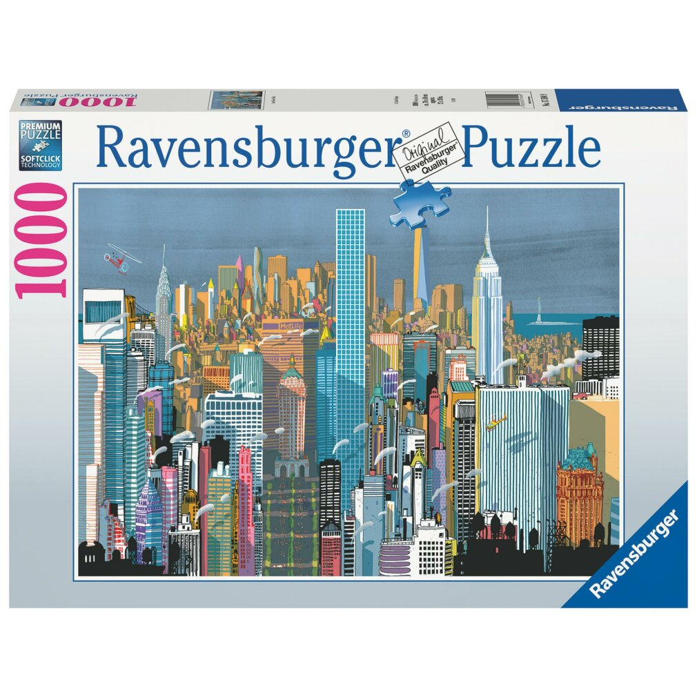 Scatola puzzle Ravensburger da 1000 pezzi. L'immagine raffigura un'illustrazione colorata dello skyline di New York City.