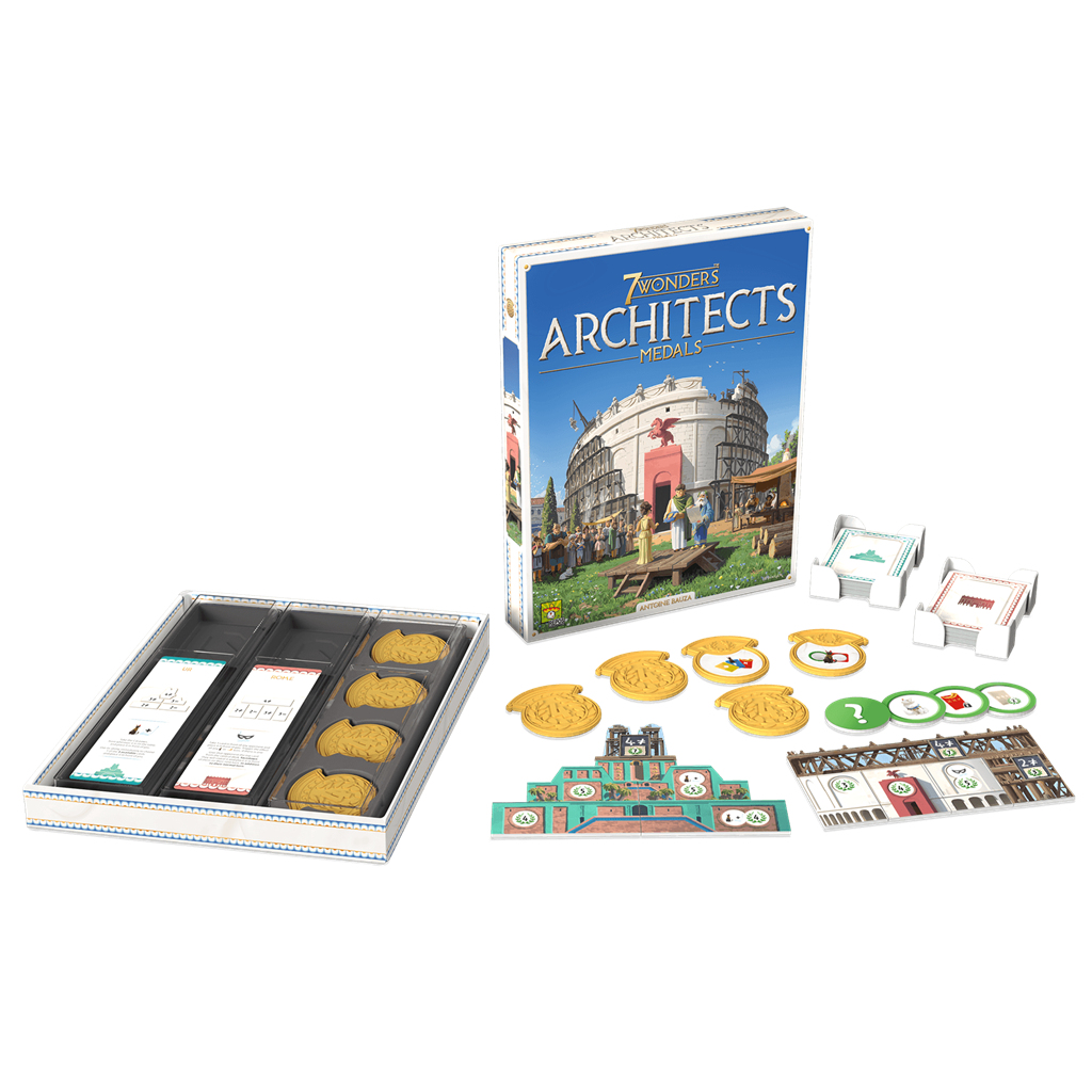 Se muestran la caja y los componentes del juego de mesa 7 Wonders Architects. La caja muestra una escena de construcción. Otras partes son visibles.