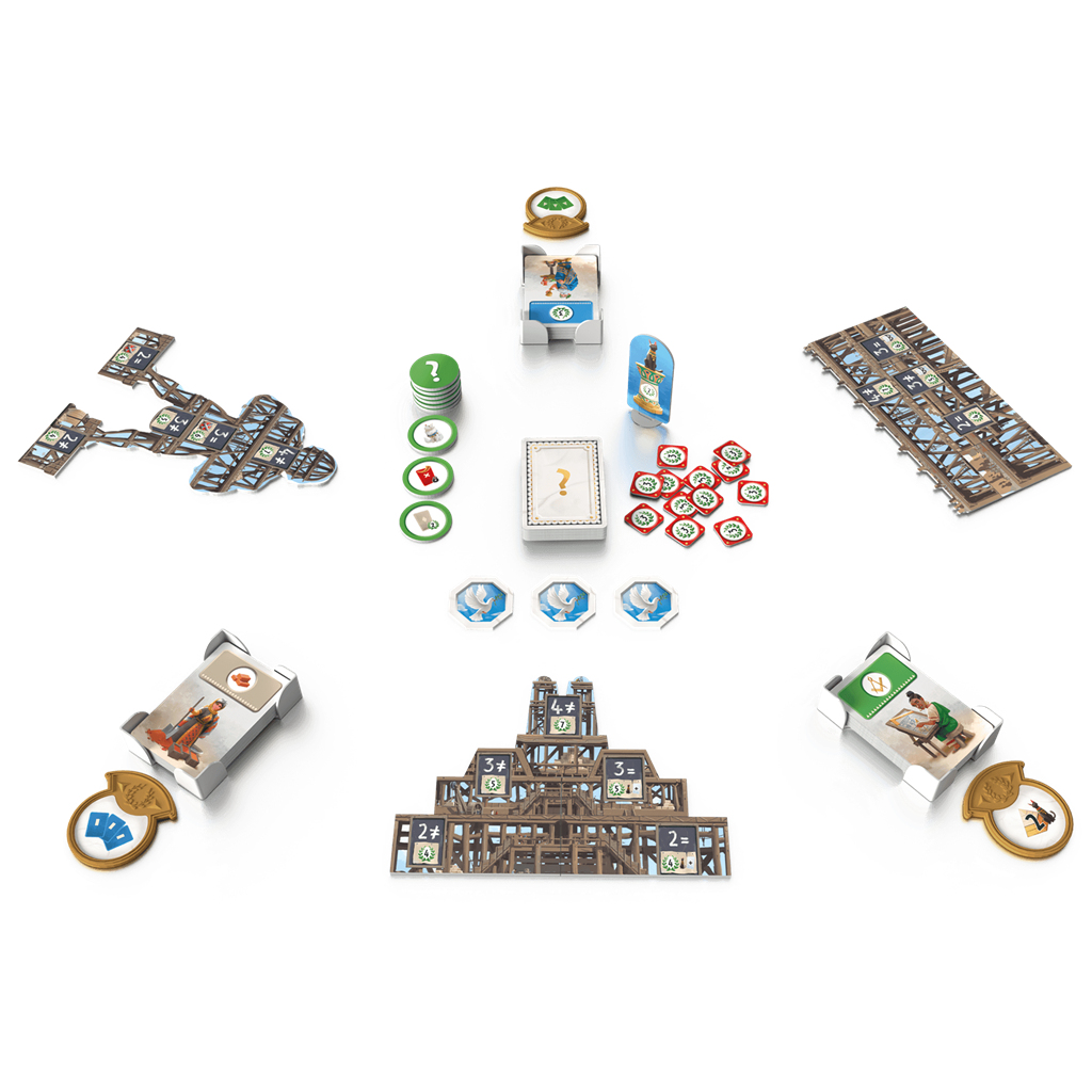 Los componentes del juego de mesa están dispuestos sobre blanco. Las piezas incluyen estructuras de madera, cartas, fichas y figuras. El juego está listo.