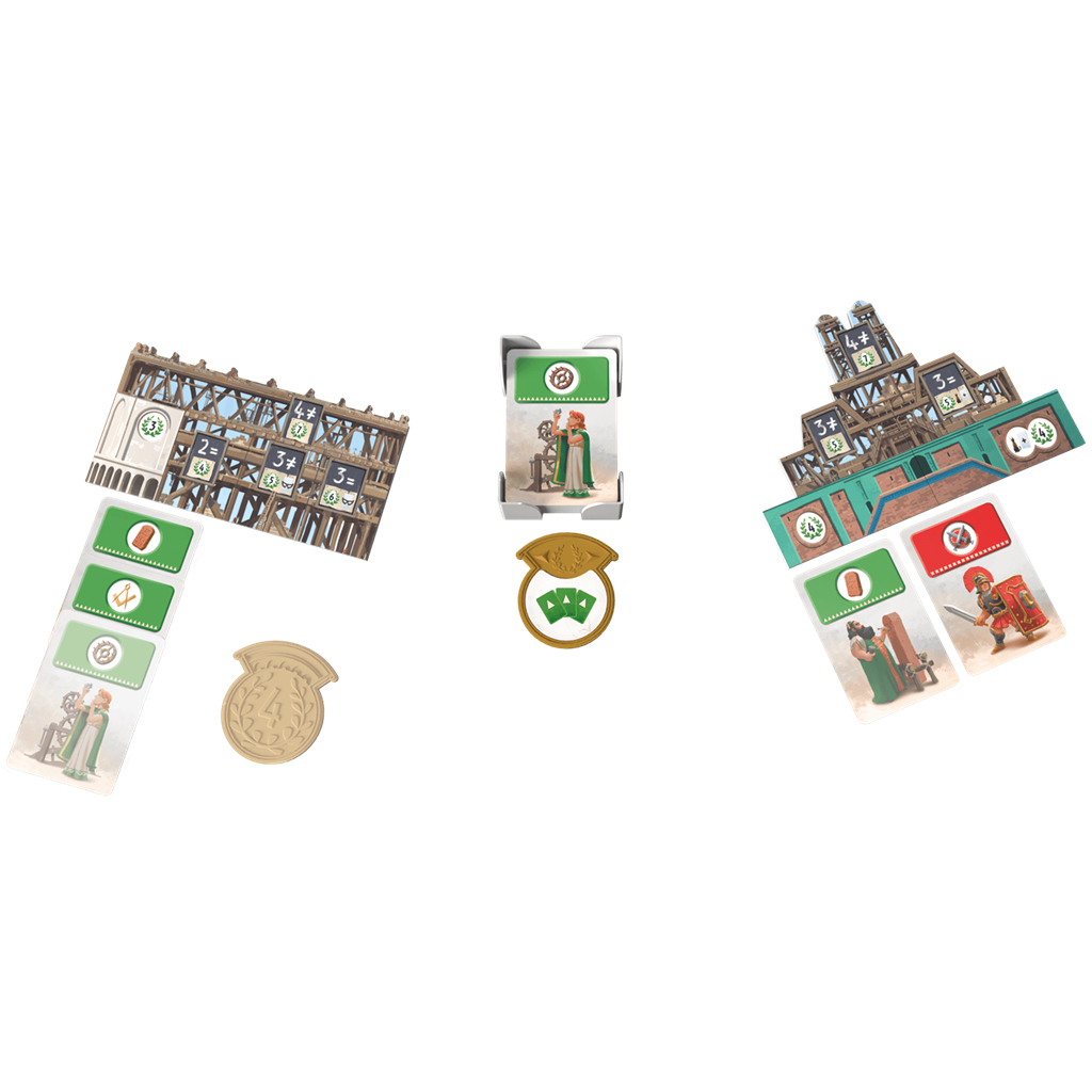 Componentes de juego de mesa, incluyendo cartas, fichas y estructuras de construcción, están dispuestos, mostrando personajes y números. Se ven varios colores.
