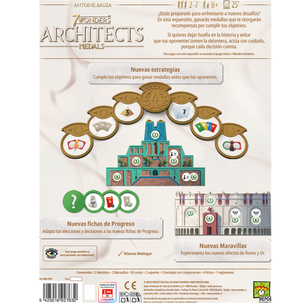 Caja de juego con cartas, medallas y elementos arquitectónicos. Texto en español. Incluye el nombre del juego y diseñadores.